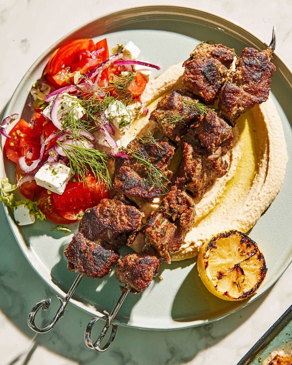 Chunks of grilled meat threaded on three metal skewers lay closely together on a white plate, showing a rich brown color with light charring and specks of herbs across the surface. Three bright yellow lemon wedges are placed among the meat, adding a fresh contrast with their smooth, shiny texture. The plate rests on a white marbled surface, and sunlight highlights the juicy and slightly textured meat pieces, making them look tender and flavorful. Photo taken with an iphone --ar 4:5 --v 7