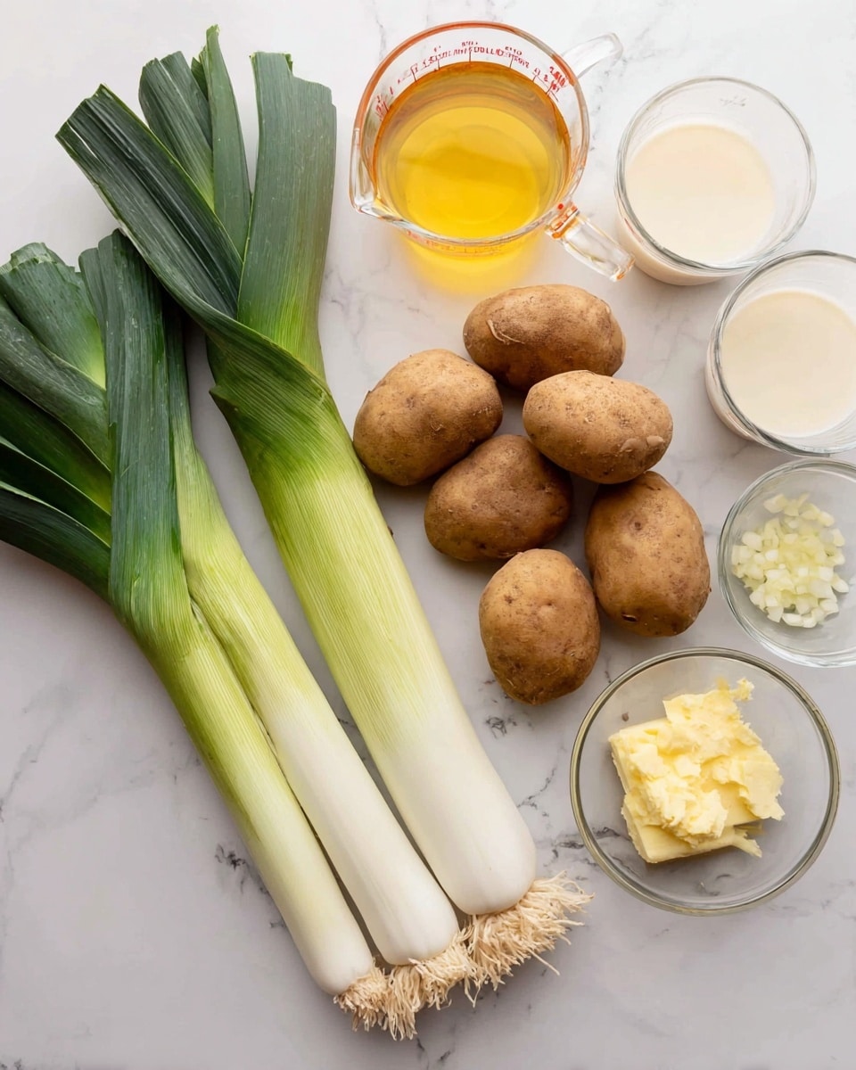 On a white marbled surface, there are three large leeks with green leafy tops and white bases positioned horizontally near the bottom left. Above them, five brown, unpeeled potatoes are clustered in the center. To the left of the potatoes is a clear glass measuring cup filled with golden-yellow liquid. To the right of the potatoes, another clear glass measuring cup holds a creamy white liquid. Next to this cup, a small white bowl contains pale yellow butter, and a small clear bowl with finely chopped white garlic sits nearby. The scene is clean and bright, with the focus on fresh ingredients. photo taken with an iphone --ar 4:5 --v 7