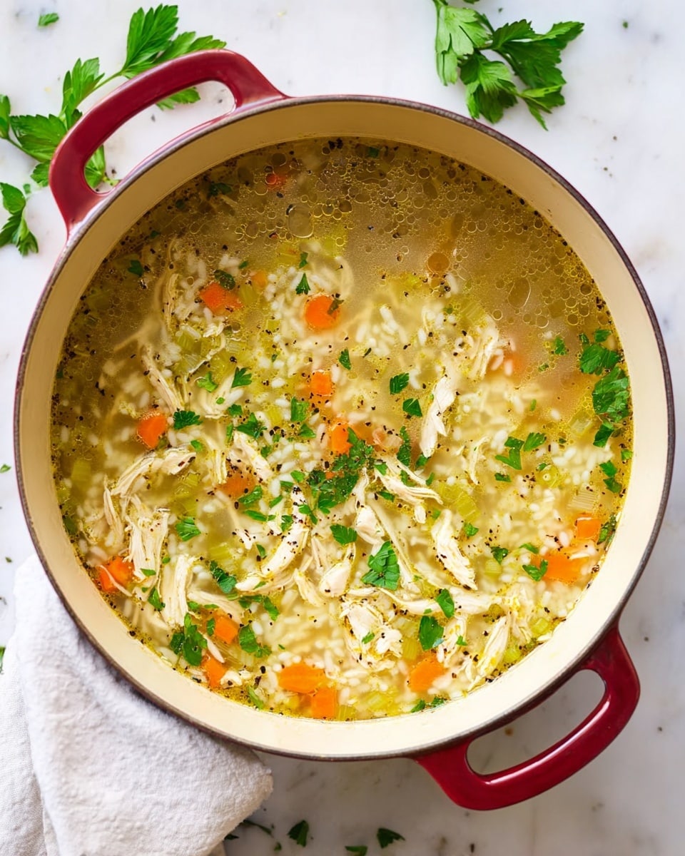 A white bowl filled with clear chicken soup containing shredded chicken pieces, rice, small orange carrot slices, and light green celery chunks, all mixed in a light yellow broth with visible herbs and specks of black pepper. A silver spoon rests inside the bowl on the right side. The bowl sits on a white marbled surface, surrounded by round crackers on the upper left and a white cloth on the upper right. A small sprig of green parsley is placed near the crackers. Photo taken with an iphone --ar 4:5 --v 7
