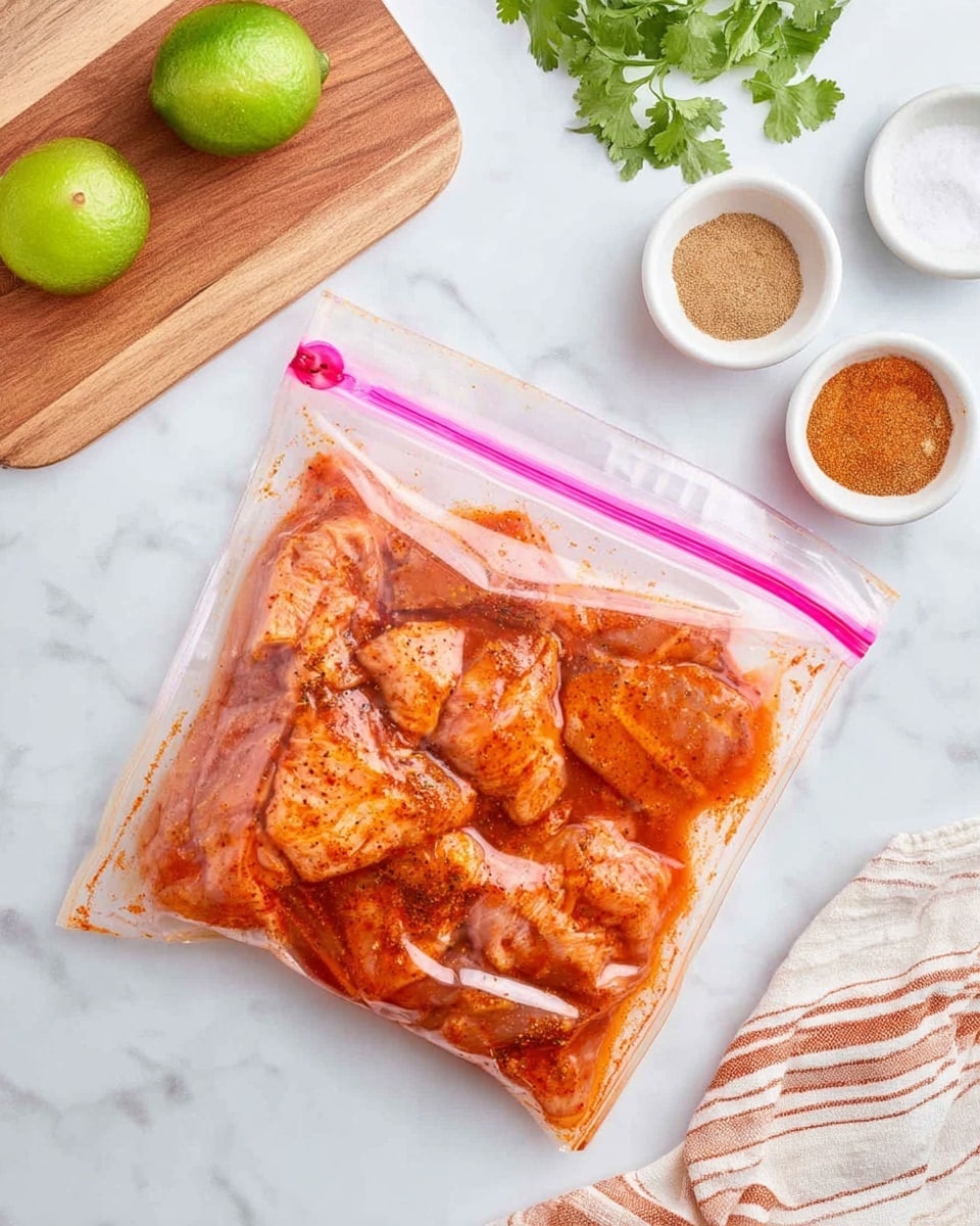 A clear plastic zip-lock bag with a pink seal is filled with raw chicken pieces covered in a bright orange-red marinade with visible spices. The bag lies flat on a white marbled surface. Around the bag, there are two lime halves and one full lime piece on a small wooden cutting board at the top left, three small white bowls with brown and beige powders on the top right, and some green cilantro leaves on the bottom left. Part of a white and brown striped cloth is visible on the right edge. Photo taken with an iphone --ar 4:5 --v 7