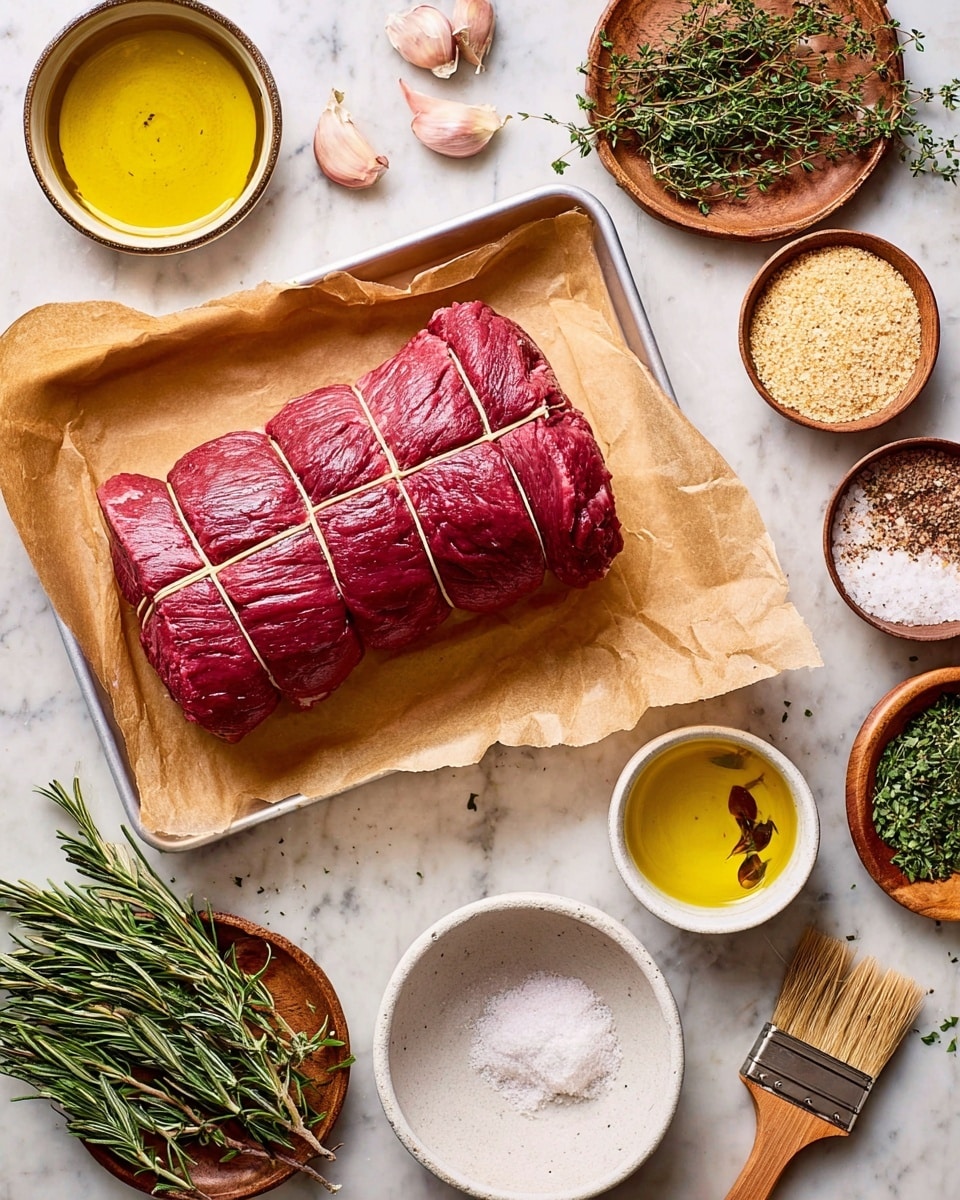 A large, tied raw beef roast with a deep red color lies on brown parchment paper inside a white baking tray. Around the tray on a white marbled surface, there are small bowls filled with yellow olive oil, light brown breadcrumbs, crushed black pepper, and coarse white salt. Fresh green herbs like rosemary and thyme rest on small wooden plates, along with several whole and peeled garlic cloves scattered nearby. A white bowl with a brush inside is placed next to the tray. Photo taken with an iphone --ar 4:5 --v 7