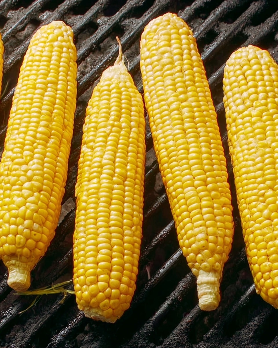 The image shows several ears of bright yellow corn with plump kernels arranged evenly in rows, placed directly on a black grill with smoky and slightly worn metal bars. The corn is fresh, shiny, and raw, positioned horizontally with some strands of silk visible. The background is a close-up of the grill surface, showing texture and depth. Photo taken with an iphone --ar 4:5 --v 7