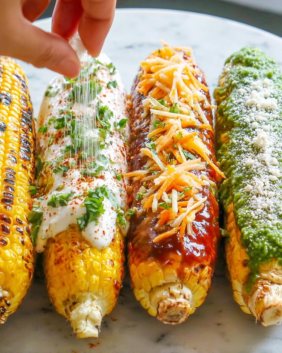 The image shows four grilled corn on the cobs arranged side by side on a white marbled surface. The first cob has a bright yellow color with some char marks on the kernels. The second cob is covered with a thick layer of white creamy sauce, sprinkled with green chopped herbs and a light dusting of red spice, creating a textured and colorful look. The third cob is topped with a shiny reddish-brown sauce and scattered with shredded orange cheese strips. The fourth cob is smeared with a green pesto-like sauce and dusted lightly with white powder. A woman's hand is seen sprinkling the white powder on the fourth cob. The overall look is vibrant with contrasting colors and textures. photo taken with an iphone --ar 4:5 --v 7