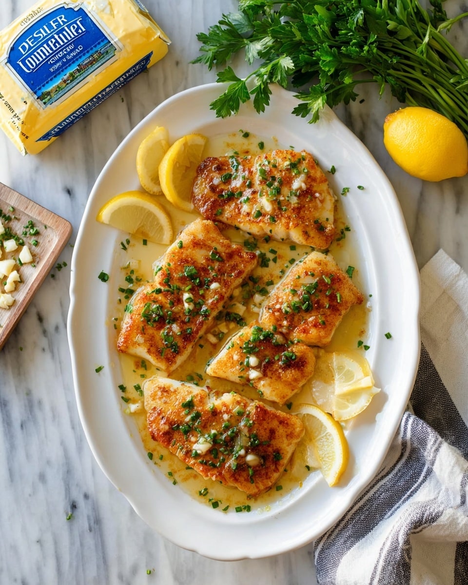 A white oval plate holds four pieces of golden-brown cooked fish fillets, each with a slightly crispy surface and sprinkled with finely chopped green herbs. The fillets are arranged with small pools of buttery sauce underneath, dotted with minced garlic. Around the edges of the plate, there are fresh lemon slices adding a bright yellow contrast. The plate is set on a white marbled surface with a wrapped bunch of fresh parsley nearby, a whole lemon, and a striped grey and white cloth in the corner. A yellow and blue packaged butter block is partly visible at the top left. The scene looks fresh and inviting, photo taken with an iphone --ar 4:5 --v 7
