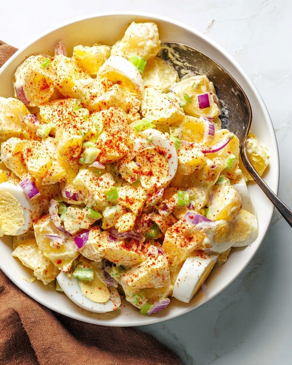 The image shows a white bowl filled with a creamy potato salad placed on a white marbled surface. The salad has three main layers: chunky yellow potato pieces mixed with chopped green celery, slices of white boiled egg, and thin strips of purple onion all coated in a thick, creamy dressing. The top layer is sprinkled with a reddish spice, adding a dash of color. A silver spoon is resting in the bowl on the left side, partially covered in the salad. Part of a brown cloth is visible on the bottom left corner. Photo taken with an iphone --ar 4:5 --v 7