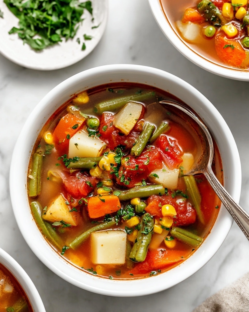 A white bowl filled with clear broth vegetable soup containing visible chunks of orange carrots, green beans, white potatoes, corn, celery, and pieces of red tomato, topped with small green herb pieces. A silver spoon rests inside the bowl, partially submerged in the soup. Behind the bowl, there is a smaller white bowl with fresh chopped green herbs. The soup and bowl sit on a white marbled surface with a striped cloth napkin partially visible on the left. Photo taken with an iphone --ar 4:5 --v 7