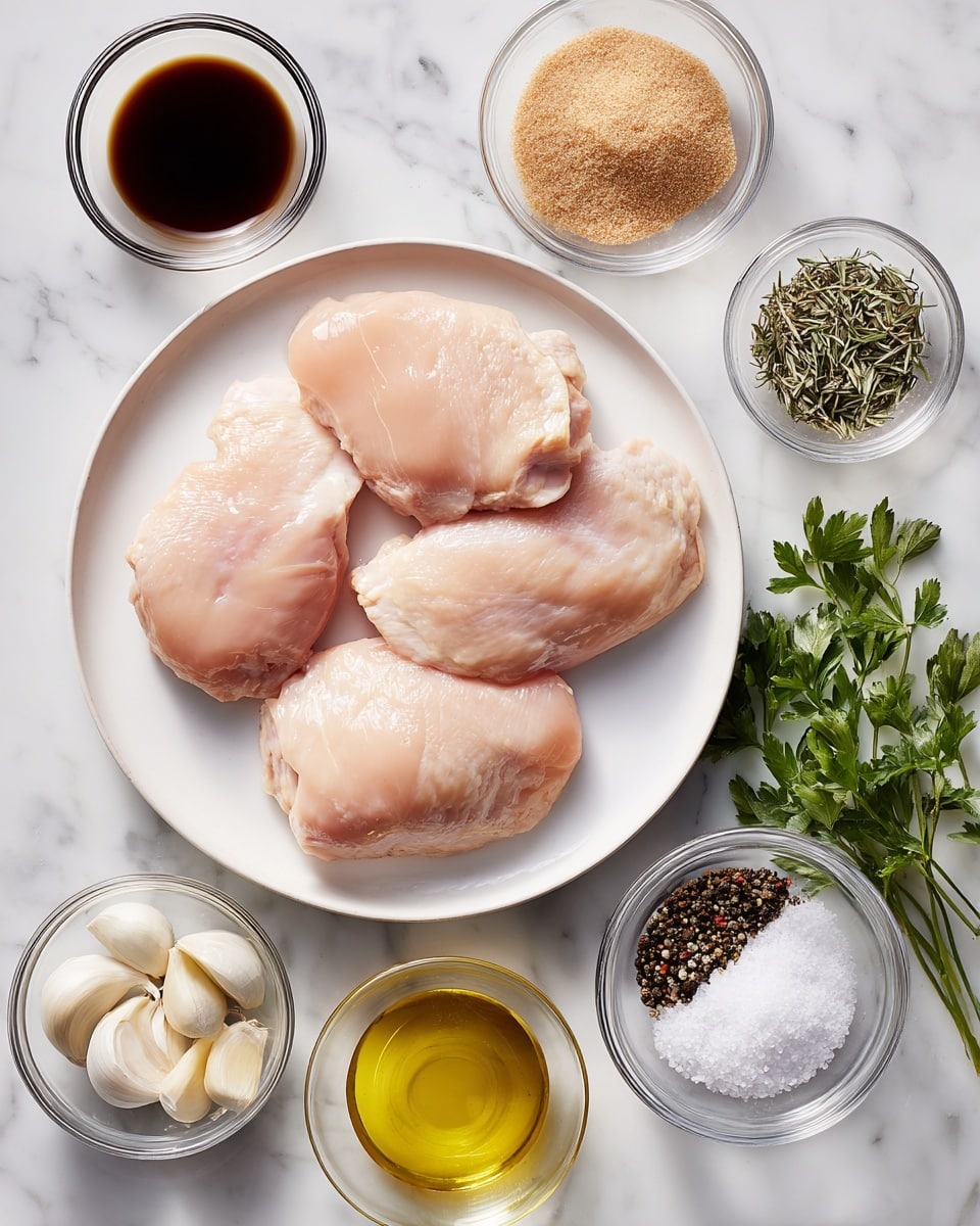 A white plate in the center holds four pieces of raw chicken with a light pink color and smooth texture, placed on a white marbled surface. Surrounding the plate are small clear glass bowls: at the top left is a dark brown liquid, near the top center is light brown sugar, and at the top right are dry rosemary leaves. Below those, on the left side, are three whole peeled garlic cloves in a small bowl, nearby a bowl with dried thyme. On the right side, from top to bottom, are fresh green parsley sprigs, a bowl of white salt, a bowl of mixed black and white pepper, and a small bowl filled with golden yellow oil. Photo taken with an iphone --ar 4:5 --v 7