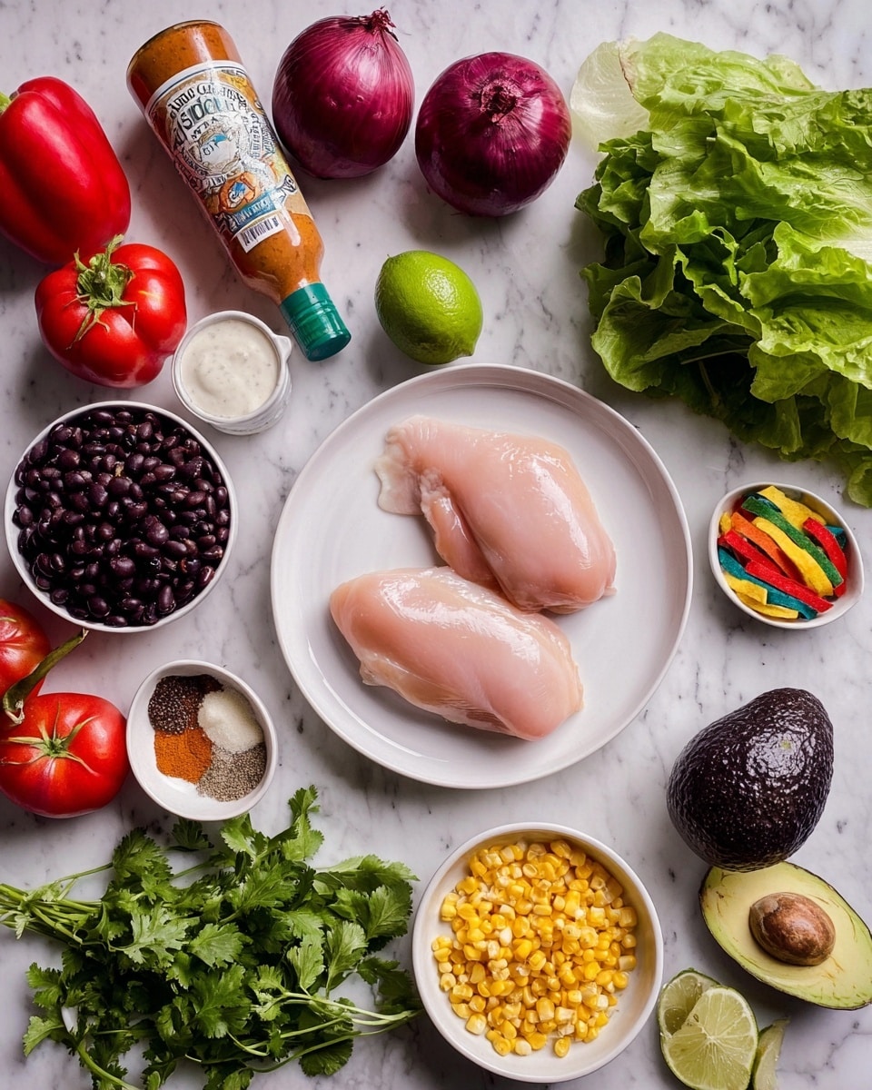 The image shows a white plate with two raw light pink chicken pieces placed side by side in the middle right. Around the plate on a white marbled surface are fresh green leafy lettuce at the top right, two dark purple avocados and a bright green lime near the bottom center, and a red bell pepper, a red onion, and two red tomatoes arranged in the upper left area. There is a small white bowl with yellow corn kernels at the bottom right, a white bowl with black beans to the left of it, and another small white bowl with several ground spices divided into four sections below the plate. Fresh green cilantro leaves are spread out at the bottom left corner. Near the center, there is a bottle of ranch dressing and a bottle of chipotle hot sauce standing upright, with a small bowl of light yellow oil next to them. A small bowl containing colorful tortilla strips sits beside the bottles. The whole scene is bright and clear with natural light, photo taken with an iphone --ar 4:5 --v 7