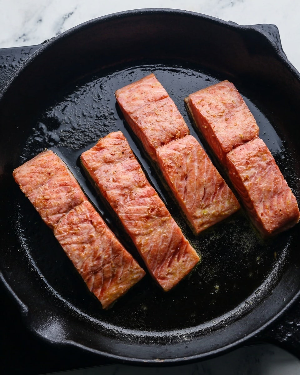 The image shows four rectangular pieces of cooked salmon placed side by side in a black cast iron pan. Each salmon piece has a light pinkish-orange color with slight grill marks and a slightly textured surface. The pan has a shiny black interior with some oil glistening around the salmon. The background surface is a white marbled texture. photo taken with an iphone --ar 4:5 --v 7
