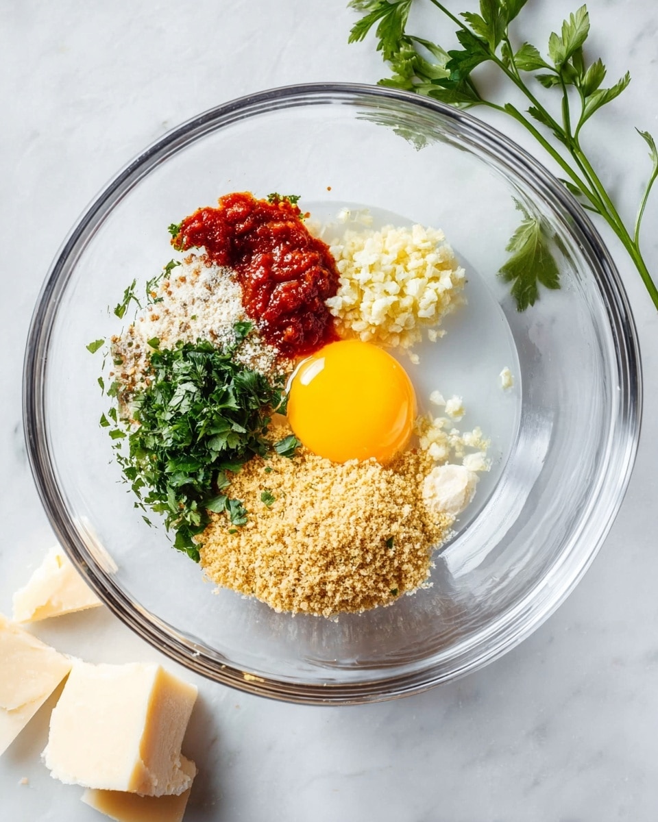 A clear glass bowl sits on a white marbled surface, holding several layers of ingredients side by side without mixing. On the right, a bright yellow raw egg yolk with its surrounding clear egg white rests. Beside it is a small pile of finely chopped pale yellow garlic. Next to the garlic is a mound of golden brown breadcrumbs. On the left side, there is a heap of finely chopped green parsley, and just above the breadcrumbs, a small spoonful of vibrant red tomato paste. The clear bowl allows the viewer to see all these colorful layers clearly. Some fresh parsley leaves are placed casually on the white marbled surface near the top right of the bowl, and pieces of pale cheese lie on the left bottom corner of the surface photo taken with an iphone --ar 4:5 --v 7