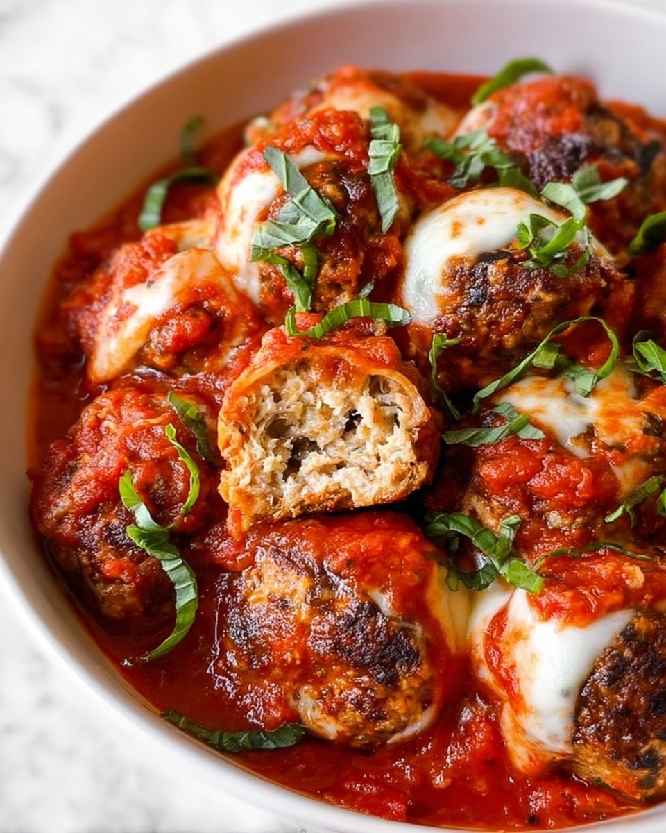 A white bowl filled with about two layers of meatballs covered in thick red tomato sauce. The top layer of meatballs is browned with a rough texture, some are partially covered with melted white cheese that is smooth and slightly melted. Bright green thinly sliced basil leaves are scattered on top, adding a fresh look. One meatball is cut in half showing a soft, crumbly, light brown inside with bits of herbs. The bowl sits on a white marbled surface. photo taken with an iphone --ar 4:5 --v 7