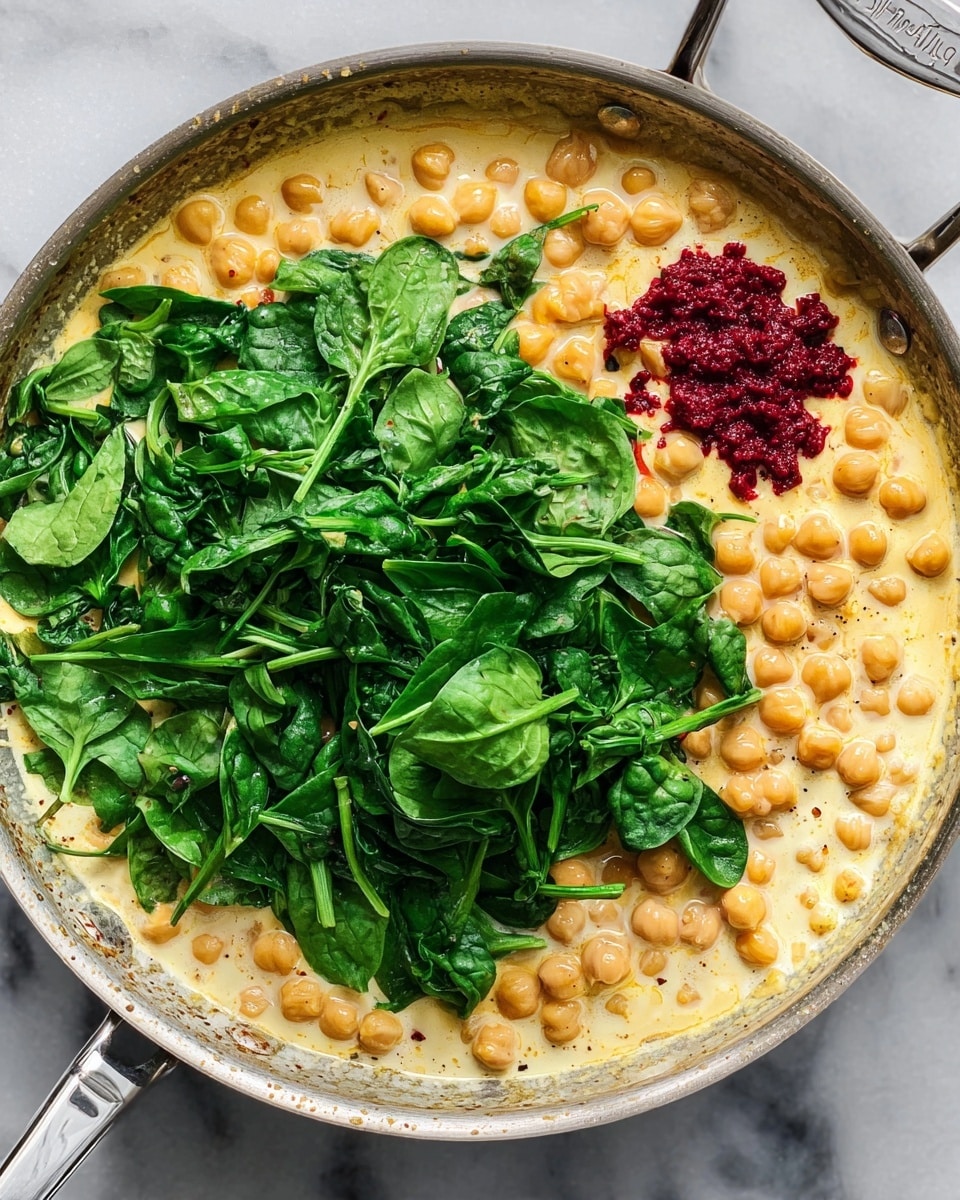 A pan filled with a creamy light yellow sauce base with whole beige chickpeas scattered around the edges, topped with a large pile of fresh dark green spinach leaves that cover about half of the pan, and a small dollop of deep red paste placed near the spinach on the right side; the pan has a silver handle and is placed on a white marbled surface. photo taken with an iphone --ar 4:5 --v 7