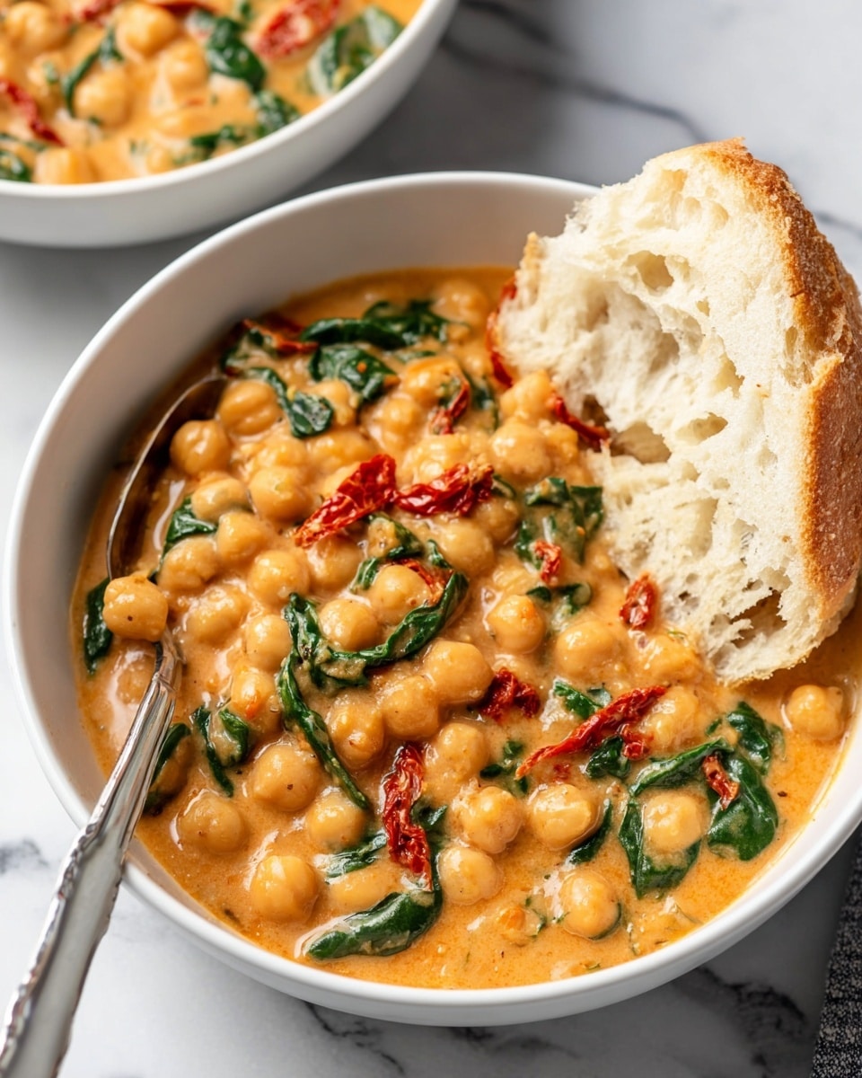 A white bowl filled with a creamy, thick chickpea stew with visible whole chickpeas, green spinach leaves, and thin red strips that look like sun-dried tomatoes, all mixed in a light orange sauce. A piece of crusty, airy bread with a golden brown crust is partially dipped into the stew on the right side. A metal spoon rests inside the bowl on the left. The bowl is placed on a white marbled surface, and there is another bowl with the same stew blurred in the background. Photo taken with an iphone --ar 4:5 --v 7