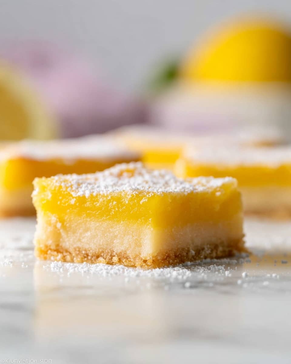 The image shows a close-up of a lemon bar with two layers placed on a white marbled surface. The bottom layer is a thick, crumbly light beige crust, while the top layer is a smooth, bright yellow lemon filling with a slightly shiny texture. The lemon layer is dusted with a thin coating of white powdered sugar. In the background, there are blurred shapes of more lemon bars and some indistinct kitchen items in soft, muted colors. Photo taken with an iphone --ar 4:5 --v 7