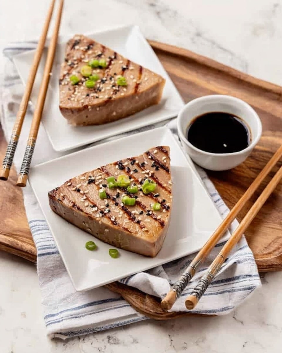 Two triangular tuna steaks with a light brown grilled texture are served on two white rectangular plates, garnished with small green onion slices and white and black sesame seeds. Each plate is paired with a set of wooden chopsticks resting on the side. To the right, there is a small white bowl filled with dark soy sauce. The dishes sit on a wooden tray over a white and blue striped cloth, all placed on a white marbled surface. photo taken with an iphone --ar 4:5 --v 7
