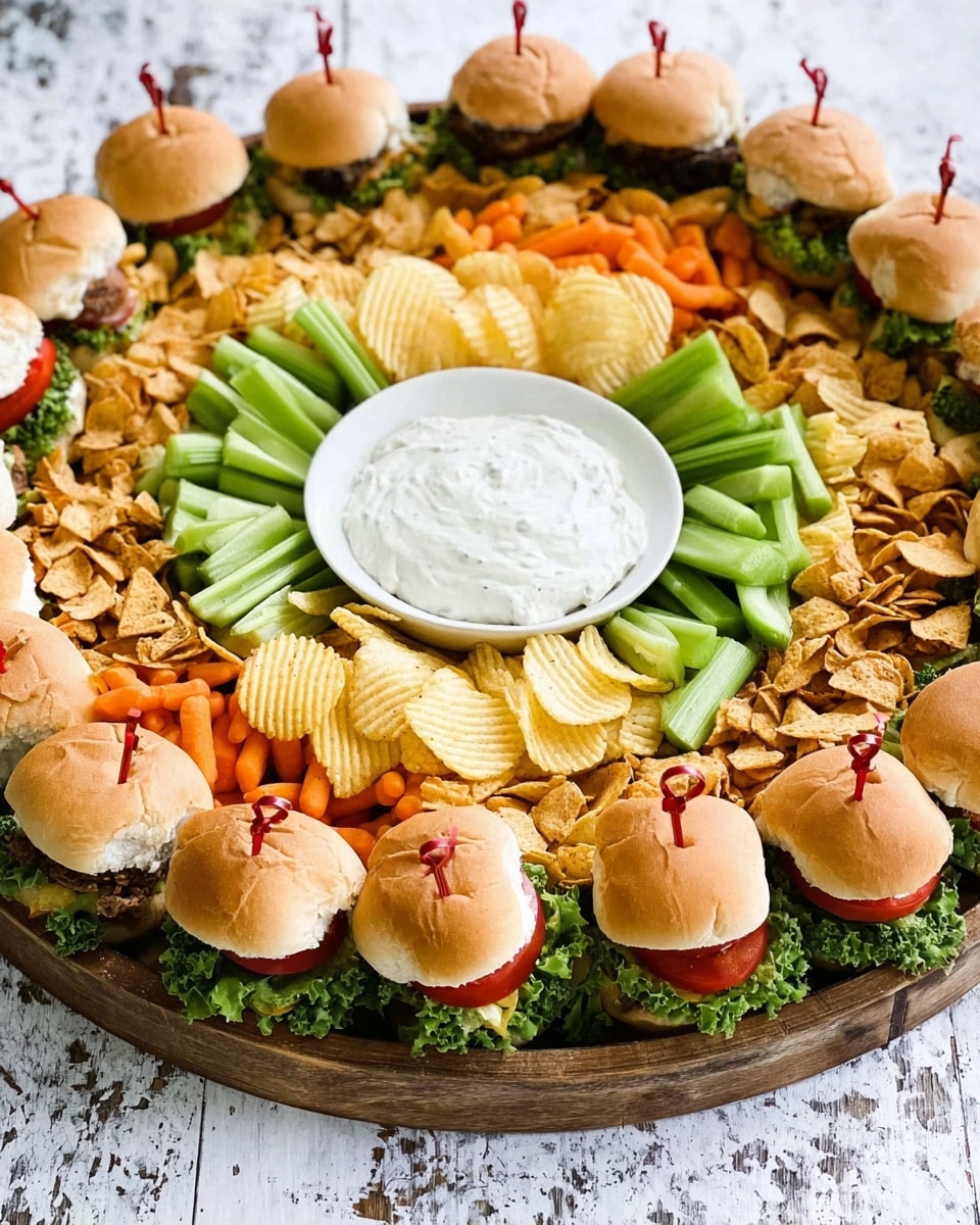 A large round wooden tray sits on a white marbled surface. The outermost layer is made of small sandwiches, each with orange buns, green lettuce, a slice of tomato, and meat, held together with toothpicks. Inside the sandwiches is a thick layer of potato chips with ridges, golden yellow in color. Moving inward, there is a layer of fresh broccoli florets, dark green and dense, forming a ring. Inside the broccoli ring, bright orange baby carrots fill another layer, next to a ring of light green celery sticks arranged neatly. In the center, a white bowl filled with creamy white dip completes the arrangement. The whole presentation is vibrant with a mix of textures and colors. photo taken with an iphone --ar 4:5 --v 7