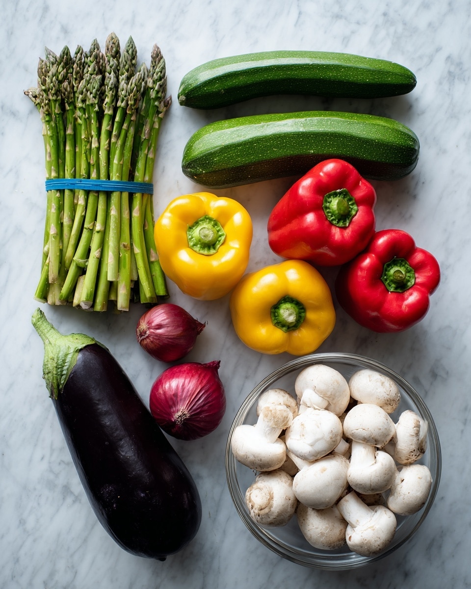 The image shows a collection of fresh vegetables placed on a white marbled surface. There are two bundles of green asparagus tied with blue bands on the left side, two medium green zucchinis positioned horizontally near the top center, and three bell peppers in bright red, yellow, and red colors lined up in the middle. Below the peppers, there are two small red onions and one large dark purple eggplant laying horizontally. On the right side, a clear white bowl filled with white mushrooms is visible. The vegetables are neatly spaced with natural lighting highlighting their textures and colors. photo taken with an iphone --ar 4:5 --v 7