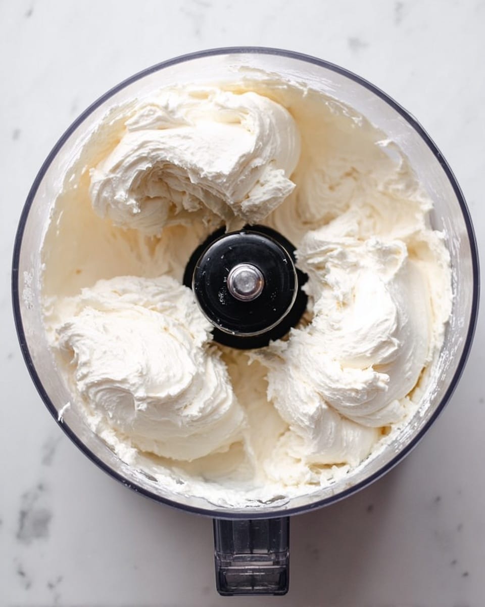 The image shows a clear food processor bowl filled with four large dollops of thick, creamy white mixture, spread around the black central blade. The mixture has a smooth yet slightly fluffy texture, with soft peaks and folds visible, giving it a light, airy appearance. The bowl sits on a white marbled surface, and the photo is taken from above, focusing on the creamy contents inside the transparent bowl. photo taken with an iphone --ar 4:5 --v 7