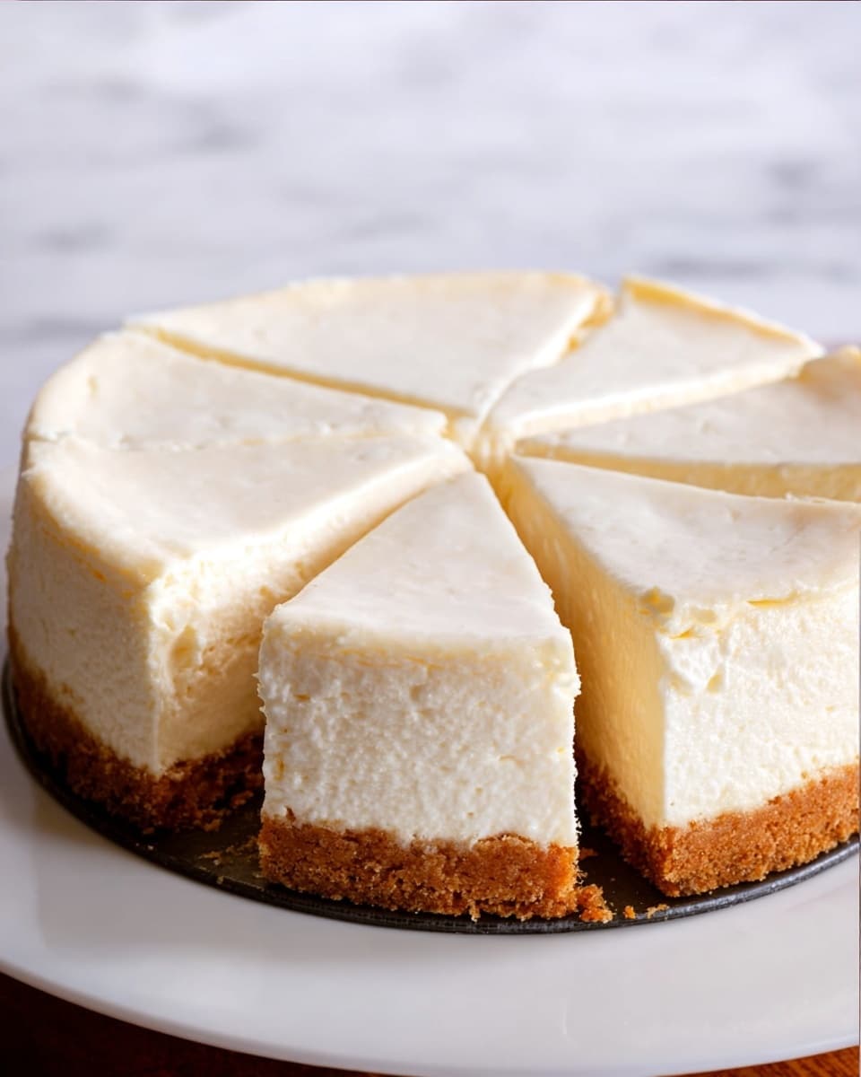 A round cheesecake with a thick, creamy white top layer that looks smooth but fluffy, sitting evenly on a crumbly light brown crust at the bottom. The cheesecake is sliced into eight equal parts, with one slice slightly pulled out, showing clean edges between the layers. It is placed on a white plate over a white marbled surface, with soft light highlighting the texture of the cream and crust. photo taken with an iphone --ar 4:5 --v 7