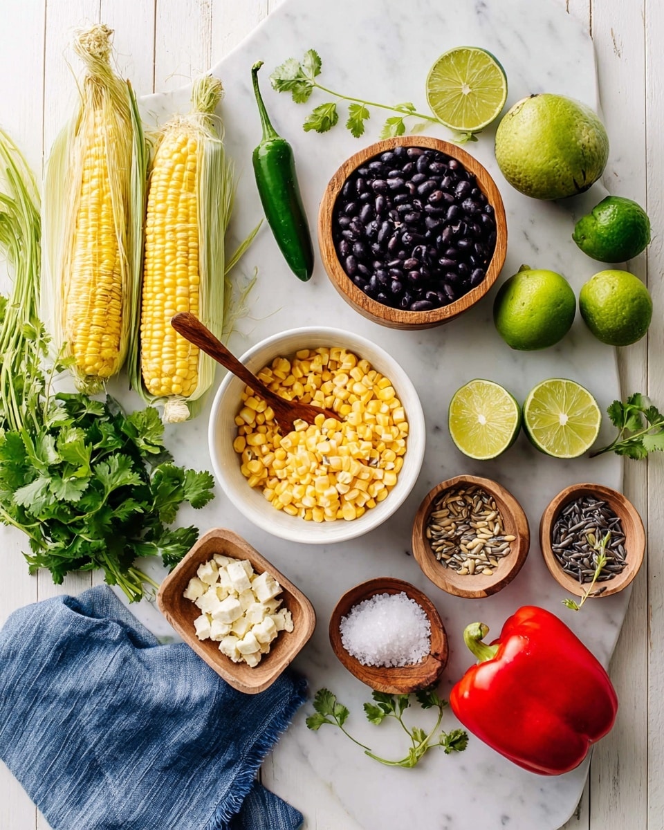 A top view of fresh ingredients set on a white marbled surface, including two yellow corn ears with husks at the bottom left, a bunch of green cilantro to the left, a green jalapeño next to the cilantro, and a white bowl in the center filled with yellow corn kernels and a wooden spoon. Above that, there is a wooden bowl with black beans and a spoon. Near the center top are three whole green limes with two halves showing inside. A folded blue cloth is placed near sunflower seeds in a small white bowl with a wooden spoon on the right. At the bottom right, there is a red bell pepper, a small wooden bowl of salt, a small wooden bowl of crumbly white cheese, and a white bowl of fine brown spices. A small twig of cilantro is placed near these bowls. Photo taken with an iphone --ar 4:5 --v 7