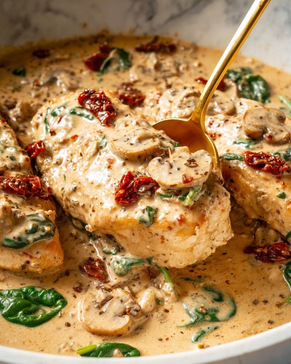 The image shows three pieces of cooked chicken layered in a creamy light brown sauce with visible small bits and herbs. The sauce has a smooth and thick texture with slices of mushrooms and green spinach leaves scattered around. On top of the chicken, there are small pieces of sun-dried tomatoes and some black pepper sprinkled. A golden spoon is partially dipped into the sauce next to the chicken. The background surface is white marble. photo taken with an iphone --ar 4:5 --v 7