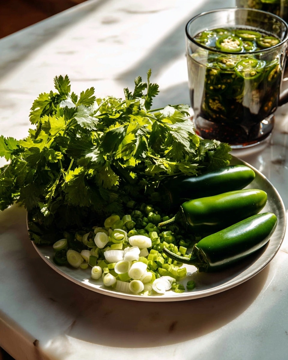 A round white plate on a white marbled surface holds fresh green ingredients arranged in layers; at the back, a large bunch of leafy cilantro with jagged edges, in front of it two smooth, dark green jalapeños lie side by side, and at the very front, chopped pieces of light green onion rings with white centers are gathered. Behind the plate, there is a clear glass mug filled with sliced green jalapeños and dark liquid. Sunlight brightens the scene, casting shadows and warm highlights. photo taken with an iphone --ar 4:5 --v 7