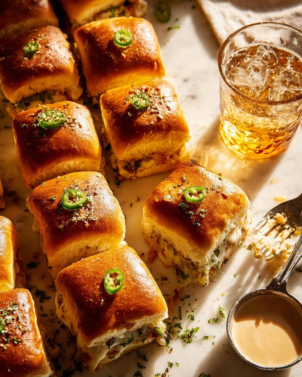 The image shows a close-up of nine small square sandwiches arranged in three rows on a white marbled surface. Each sandwich has a golden brown top bun with a smooth, slightly shiny texture, sprinkled with chopped green herbs and small pieces of garlic. Some sandwiches have a slice of green chili on top, and a light spread of sauce is drizzled on a few of the buns. Between the buns, you can see a white, melted cheese layer with a soft and creamy texture. On the right side, a clear glass filled with a light amber liquid and ice cubes is placed, next to a metal fork with a bit of sauce on the tines, and a small bowl of creamy sauce sits at the bottom right. The warm sunlight creates a cozy, inviting atmosphere. photo taken with an iphone --ar 4:5 --v 7