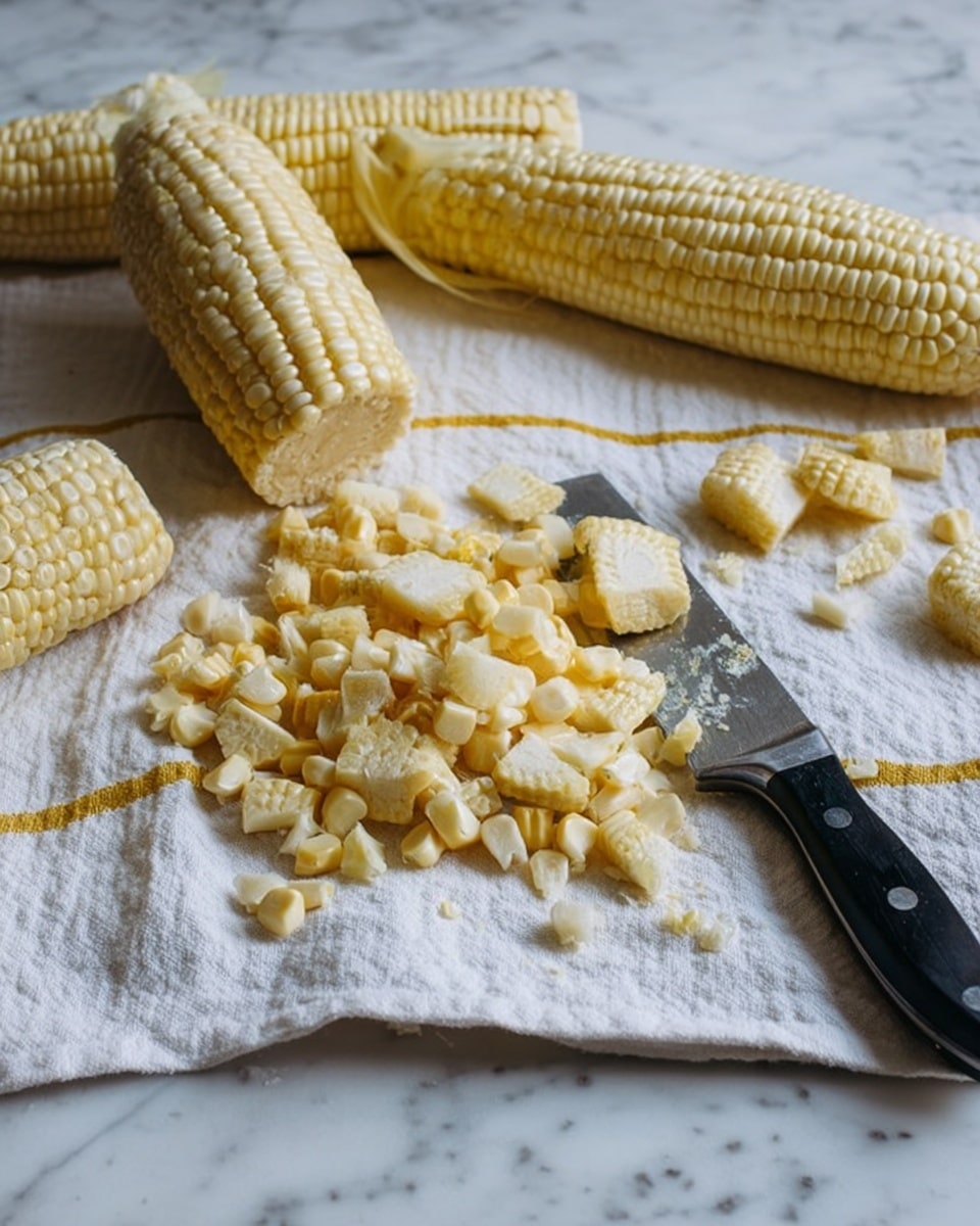 The image shows a white marbled surface covered with a white cloth that has yellow stripes. On the cloth, there are whole ears of pale yellow corn along with many small pieces of corn kernels and cob segments spread out in a loose pile. Near the corn, there is a black-handled knife lying flat with some corn kernels stuck to the blade. The scene has a casual, natural look with scattered corn pieces and soft lighting. photo taken with an iphone --ar 4:5 --v 7