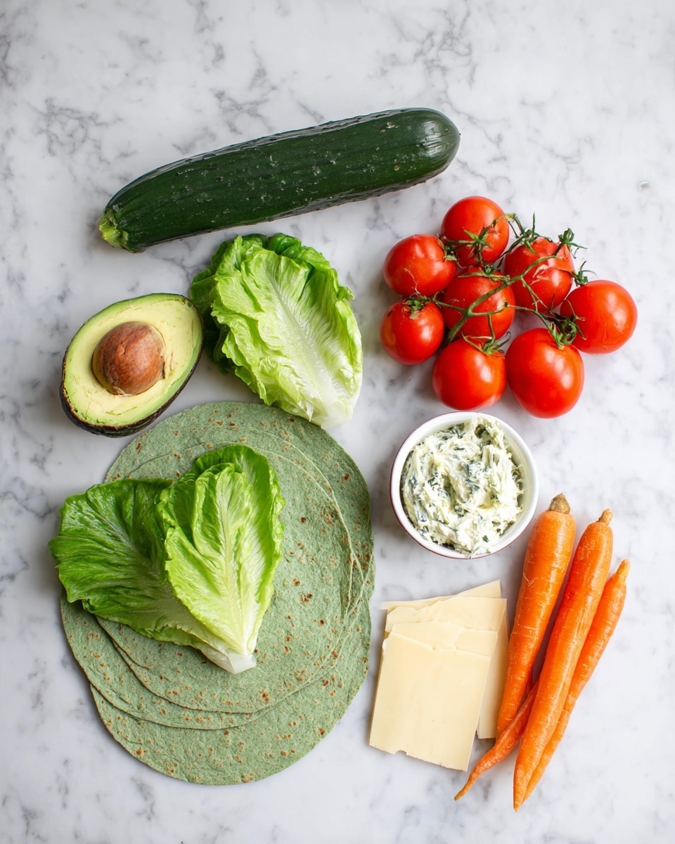 The image shows fresh ingredients laid out on a white marbled surface. There are three green spinach tortillas stacked on the bottom left, topped with three large green lettuce leaves. Above the tortillas, a halved avocado is placed, showing one half with the seed inside and the other half without. To the left of the avocado, a whole dark green cucumber is positioned horizontally. On the top right, a cluster of five bright red tomatoes attached to a green vine is seen. To the right of the tomatoes, there are two whole orange carrots, one larger and one smaller, with their tops still on. Near the center right, a small white bowl contains a creamy white spread with green herb pieces. Below the bowl, two pale yellow cheese slices overlap slightly. The photo taken with an iphone --ar 4:5 --v 7