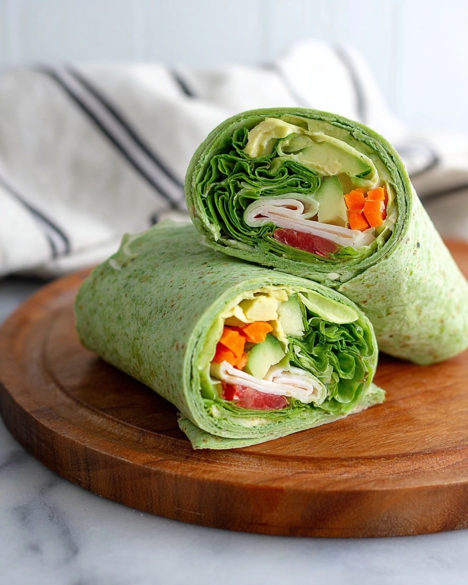Four wrap slices are arranged on a white plate, each showing multiple layers inside: a green spinach tortilla outer layer, crisp green lettuce next, a slice of pale turkey or similar deli meat, thin slices of light green avocado, bright orange shredded carrots, and small pieces of red tomato. To the left of the wraps is a small wooden bowl filled with a creamy white dipping sauce. The plate sits on a white marbled surface with sliced cucumber rounds and small red grape tomatoes partially visible on a wooden board in the top right corner. photo taken with an iphone --ar 4:5 --v 7