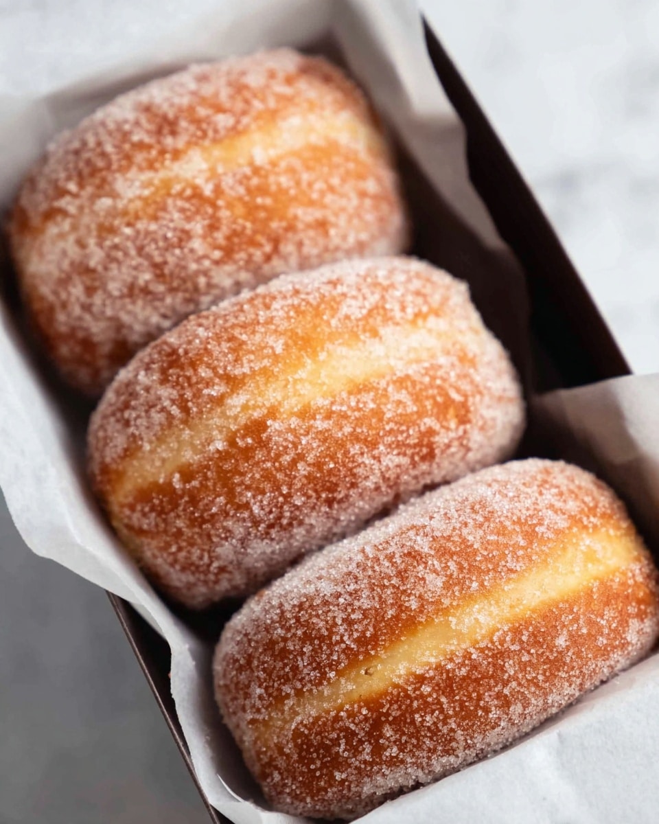The image shows a group of six round donuts stacked in a pyramid shape on a white marbled surface. Each donut has a golden-brown top and bottom with a lighter yellow middle layer, coated evenly with white sugar granules that give a slightly rough texture. The donuts have a soft, fluffy look, and the sugar sparkle shows some powdery residue on the surface beneath them. In the blurred background, there's a tall glass of milk. The lighting highlights the texture and sugar crystals on the donuts. photo taken with an iphone --ar 4:5 --v 7