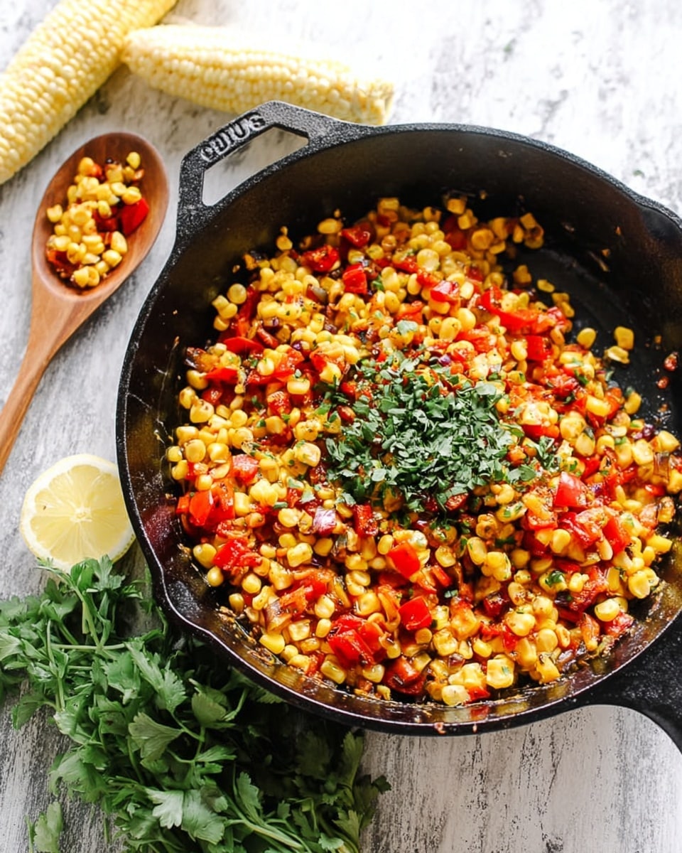 A black cast iron skillet filled with a colorful mix of cooked corn kernels and diced red peppers, topped with a small pile of chopped green herbs in the center. The skillet sits on a white marbled surface, surrounded by a few pieces of corn husk and fresh green herbs on the left side. In the foreground, a wooden spoon resting on the surface contains a small amount of the corn and pepper mixture. The lighting is bright and natural, highlighting the textures and colors of the food photo taken with an iphone --ar 4:5 --v 7