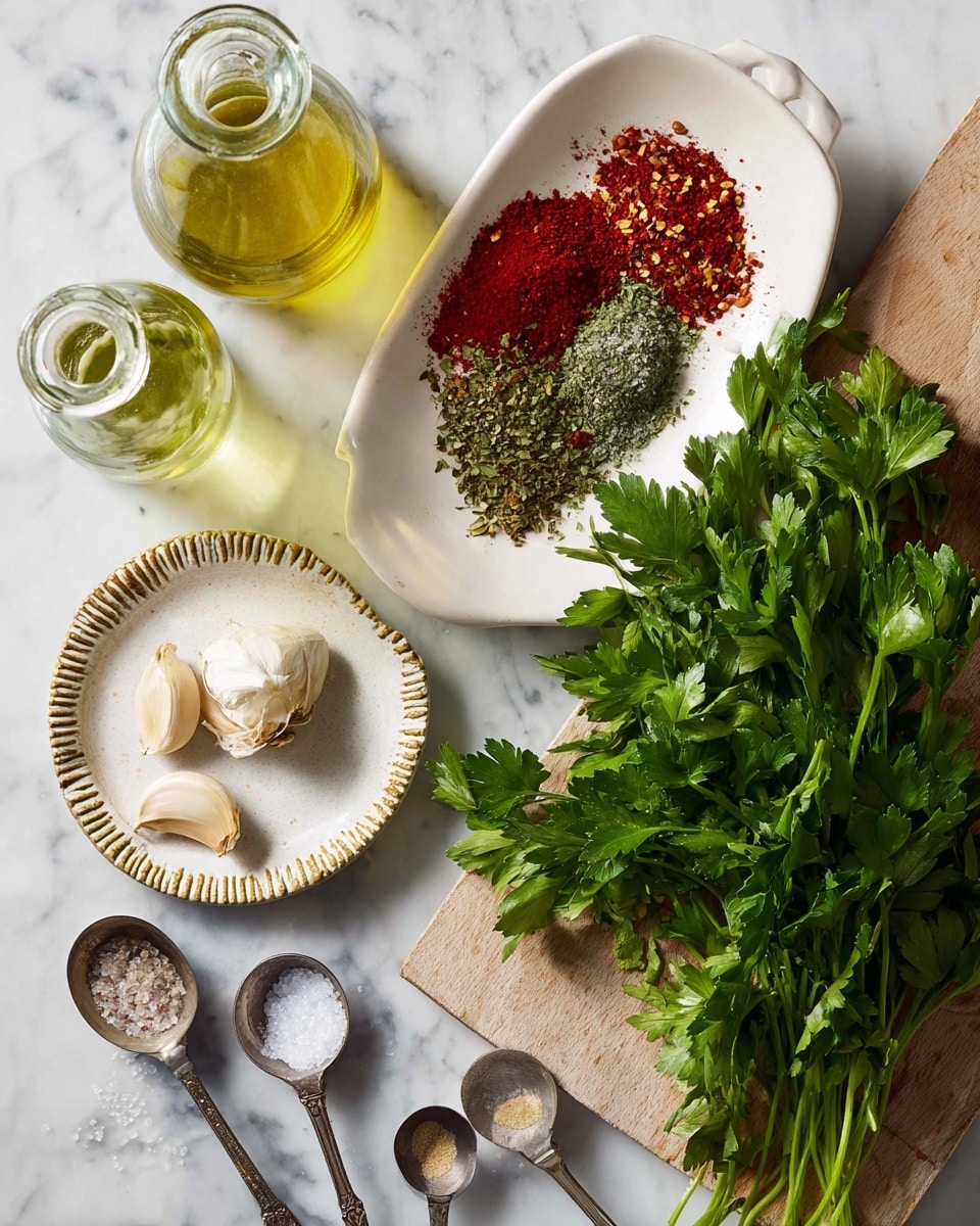 A top view of cooking ingredients arranged on a white marbled surface: a bunch of fresh green parsley with leafy texture on the right side resting partly on a light wooden cutting board; a white dish near the center holds three piles of spices – a red powder, a green dried herb, and red chili flakes; above the dish are two glass bottles, one with a yellow liquid and the other with a cloudy light-colored liquid; near the bottom left corner, a small white dish with a textured gold rim contains peeled garlic cloves and coarse salt; below, four metal measuring spoons with different amounts of salt and spices are spread out. photo taken with an iphone --ar 4:5 --v 7