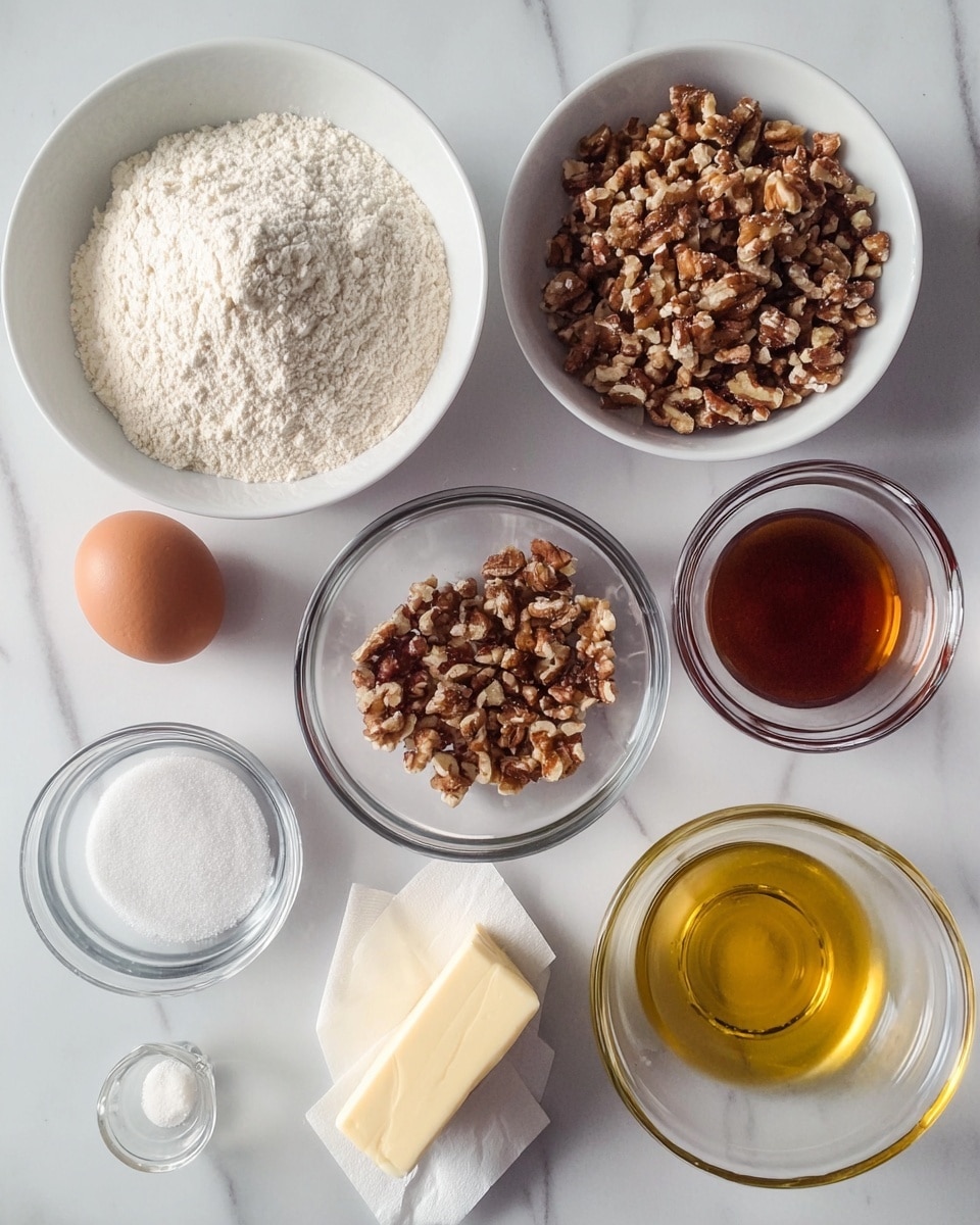 The image shows a top-down view of different baking ingredients placed neatly on a white marbled surface. There are two white bowls, one filled with white flour and the other with brown sugar. A clear glass bowl holds chopped walnuts, and next to it is a clear bowl with a dark amber liquid, likely maple syrup or vanilla extract. Another smaller clear glass bowl contains a white powder, possibly salt or baking soda, and a small stick of butter wrapped in white paper sits on the side. An egg is placed next to these bowls, and a tiny glass bowl contains a golden liquid, which might be honey or oil. Everything is arranged in an orderly fashion, highlighting the texture and color of each ingredient clearly. Photo taken with an iphone --ar 4:5 --v 7