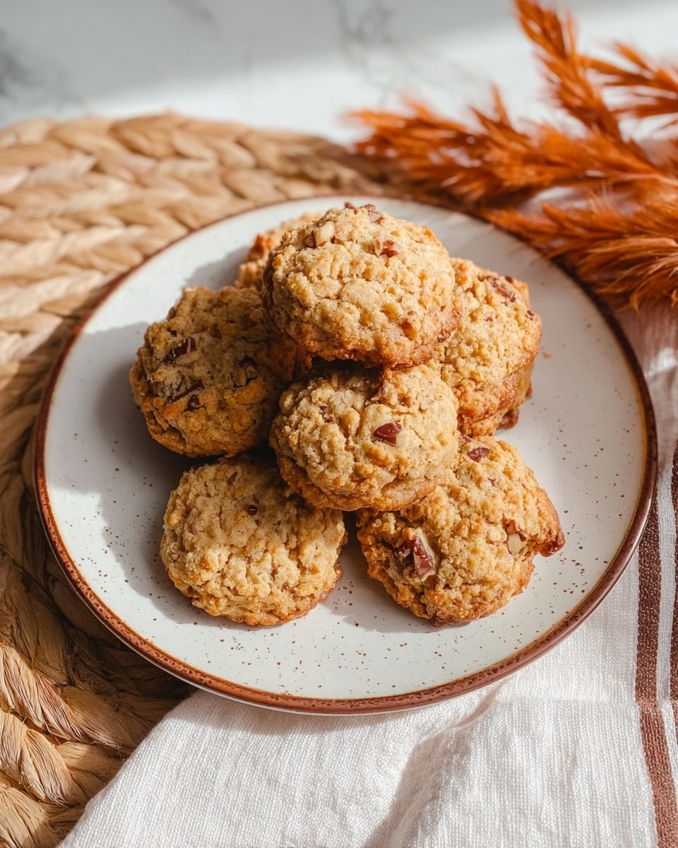 Seven round cookies are stacked loosely on a white plate with a light speckled pattern and a brown rim. The cookies have a rough texture with small chunks of nuts scattered throughout. The plate sits on a white marbled surface with a woven mat underneath and soft orange dried plants to the side, adding a warm tone to the composition. A white cloth with brown stripes is partially visible on the right side. The lighting is bright and natural, highlighting the crumbly texture of the cookies. photo taken with an iphone --ar 4:5 --v 7