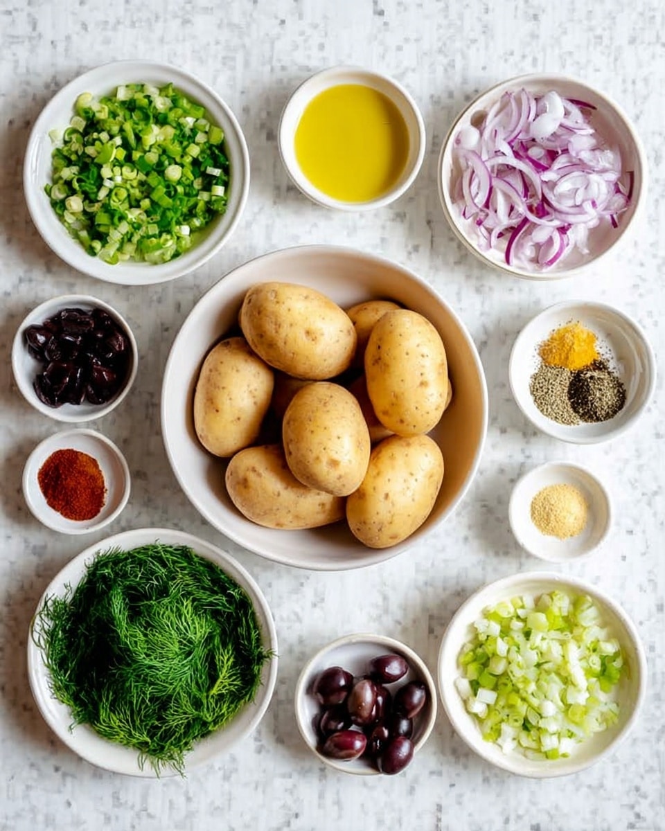 A top view of a white bowl filled with seven light brown potatoes in the center, surrounded by small white bowls holding chopped red onions, sliced green onions, chopped green parsley, sliced dark purple olives, minced garlic, black pepper, coarse salt, dried herbs, yellow mustard, reddish-brown liquid, and golden yellow oil, as well as another bowl filled with fresh green dill leaves, all arranged neatly on a white marbled surface. Photo taken with an iphone --ar 4:5 --v 7