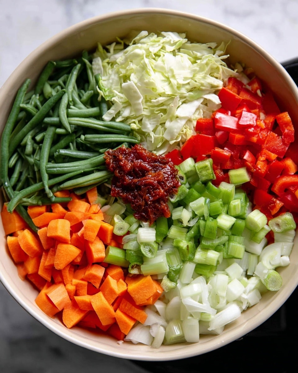 A white bowl filled with many chopped vegetables and sauces arranged in separate groups, starting from the top left with dark green chopped green beans, next to shredded pale cabbage at the top right, bright red chopped bell peppers below the cabbage, in the center a small amount of dark red paste sauce, with light green celery pieces and a few chopped green beans around it, bright orange chopped carrots at the bottom left, and white chopped onions at the bottom center and right. The bowl sits on a white marbled surface photo taken with an iphone --ar 4:5 --v 7