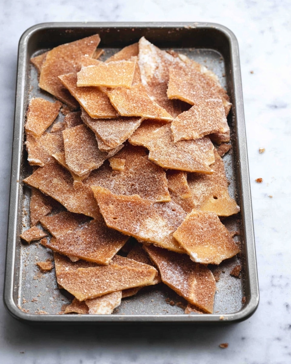 A metal baking tray holds broken pieces of light brown to golden flat brittle, each piece dusted with a fine layer of cinnamon sugar powder. The brittle layers are thin and cracked unevenly, showing a slightly rough texture with some glossy spots from the sugar. The tray sits on a white marbled surface, with a few small crumbs scattered around the edges. photo taken with an iphone --ar 4:5 --v 7