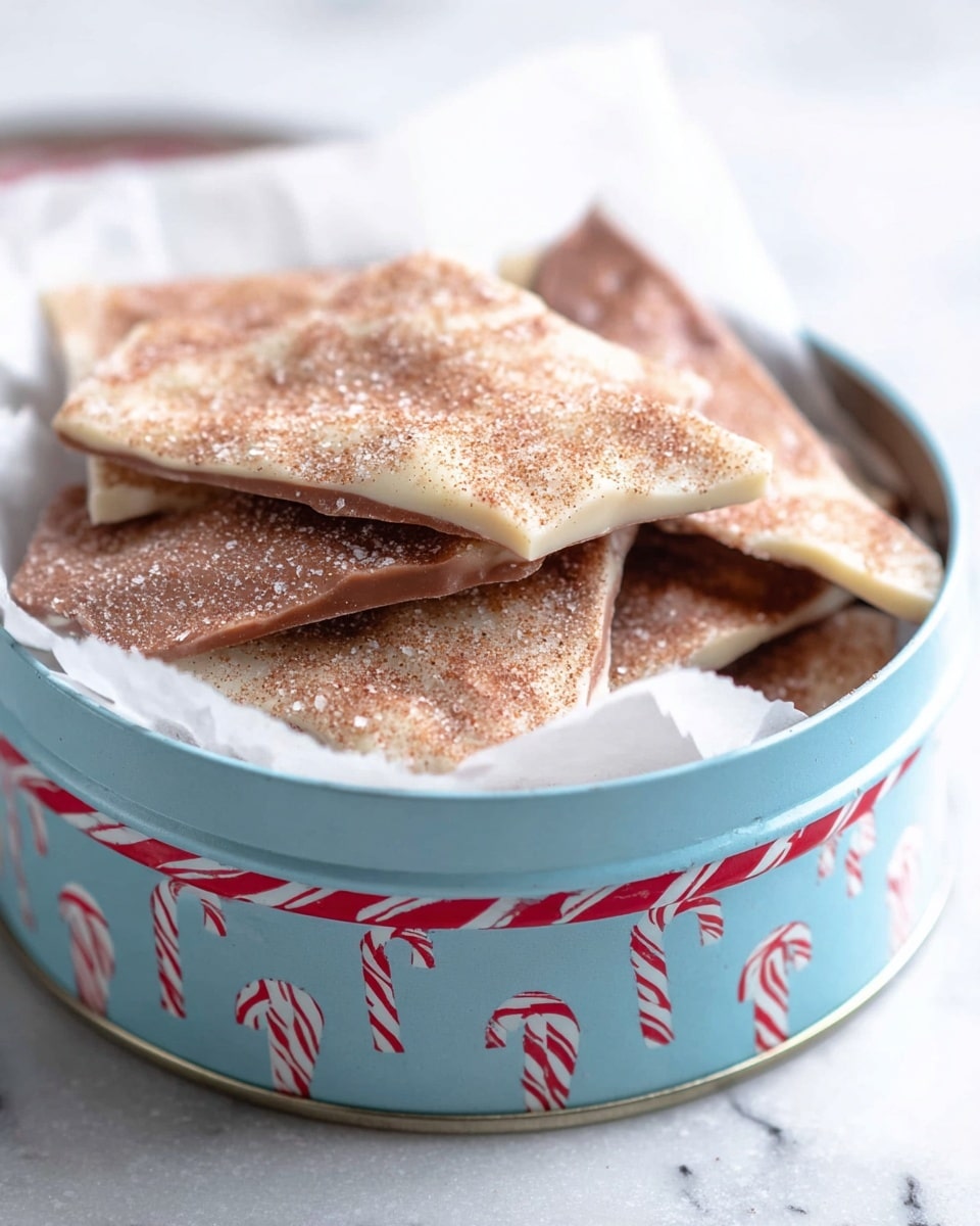 The image shows pieces of candy bark in a light blue round tin with red and white candy cane patterns. Each piece of bark has two layers: a bottom layer of smooth brown chocolate and a top layer of white chocolate sprinkled with a fine dusting of cinnamon sugar. The bark pieces are uneven in shape and stacked loosely on white parchment paper inside the tin, which sits on a white marbled surface. The overall look is cozy and festive, with warm brown and creamy white colors and a light sprinkle of spice on top photo taken with an iphone --ar 4:5 --v 7