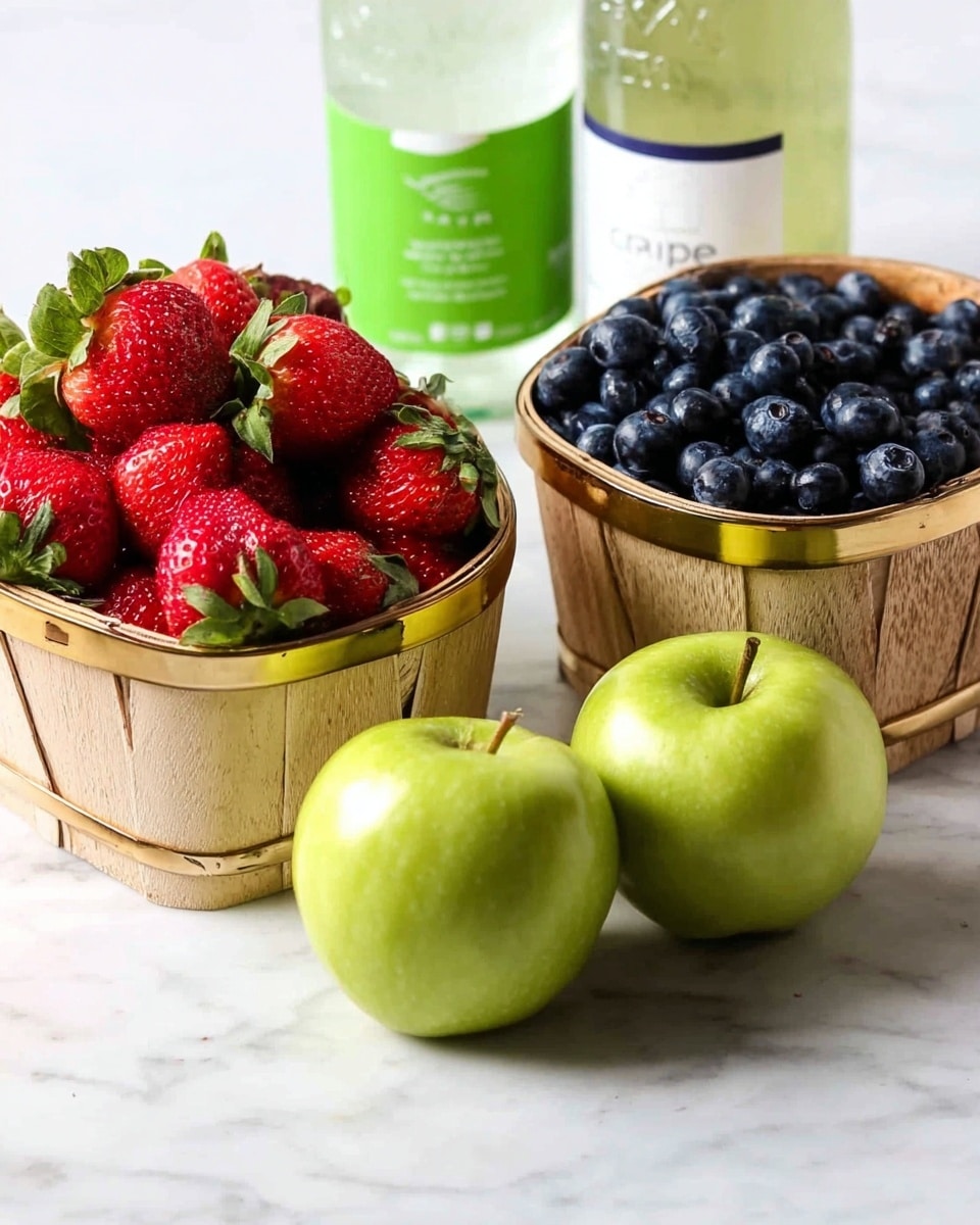 The image shows two small wooden baskets with gold rims on a white marbled surface. The basket on the left is filled with bright red strawberries with green leaves, and the basket on the right is filled with dark blue blueberries. Between the two baskets, there are two green apples with smooth shiny skin placed close to each other. Behind the apples, there are two bottles, one with a white grape label and the other with a plain green look, partially visible. The colors are fresh and vibrant, with the natural textures of the fruit and the wood clear in the image. Photo taken with an iphone --ar 4:5 --v 7
