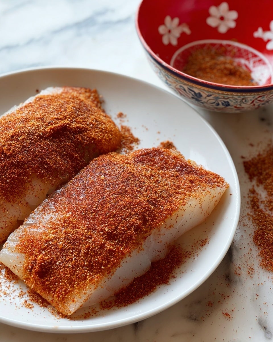 Two raw fish fillets lie on a white plate. Each fillet is covered with a layer of reddish-brown spice mix that has a grainy texture. The fillets have a smooth, slightly shiny surface underneath the spice. The plate is placed on a white marbled surface. To the right, there is a white bowl with a red outside and white flower patterns, with some spice spilled on the marbled surface near it. photo taken with an iphone --ar 4:5 --v 7