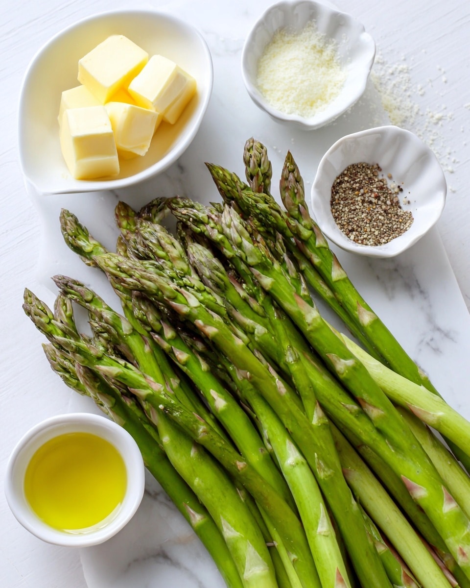 A bunch of fresh green asparagus with pointed tips is laid out on a white marbled surface, with three small white dishes nearby. One dish contains three small cubes of light yellow butter, another has coarse salt mixed with black pepper, and the third holds a light yellow liquid, likely oil or vinegar. The green asparagus have fresh, smooth stalks and a bright, fresh look. The white marbled background adds a clean and fresh feel to the image. photo taken with an iphone --ar 4:5 --v 7