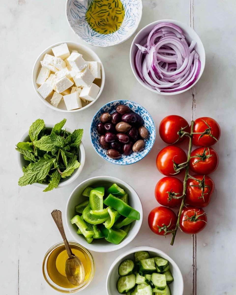 The image shows seven small white bowls on a white marbled surface, each filled with fresh ingredients arranged neatly. The top bowl contains white cubes of cheese, the bowl to the right has curved slices of purple onion with a clear blue rim, below that two bunches of fresh red tomatoes still on the vine rest directly on the surface. Below the tomatoes, another small white bowl has green bell pepper chunks, next to it is a bowl filled with cucumber slices. Above these, a small white bowl holds dark purple olives, and to the left, a bowl with a blue patterned rim holds fresh green mint leaves. In the center, there is a small clear glass bowl with golden olive oil and a gold spoon resting inside. photo taken with an iphone --ar 4:5 --v 7