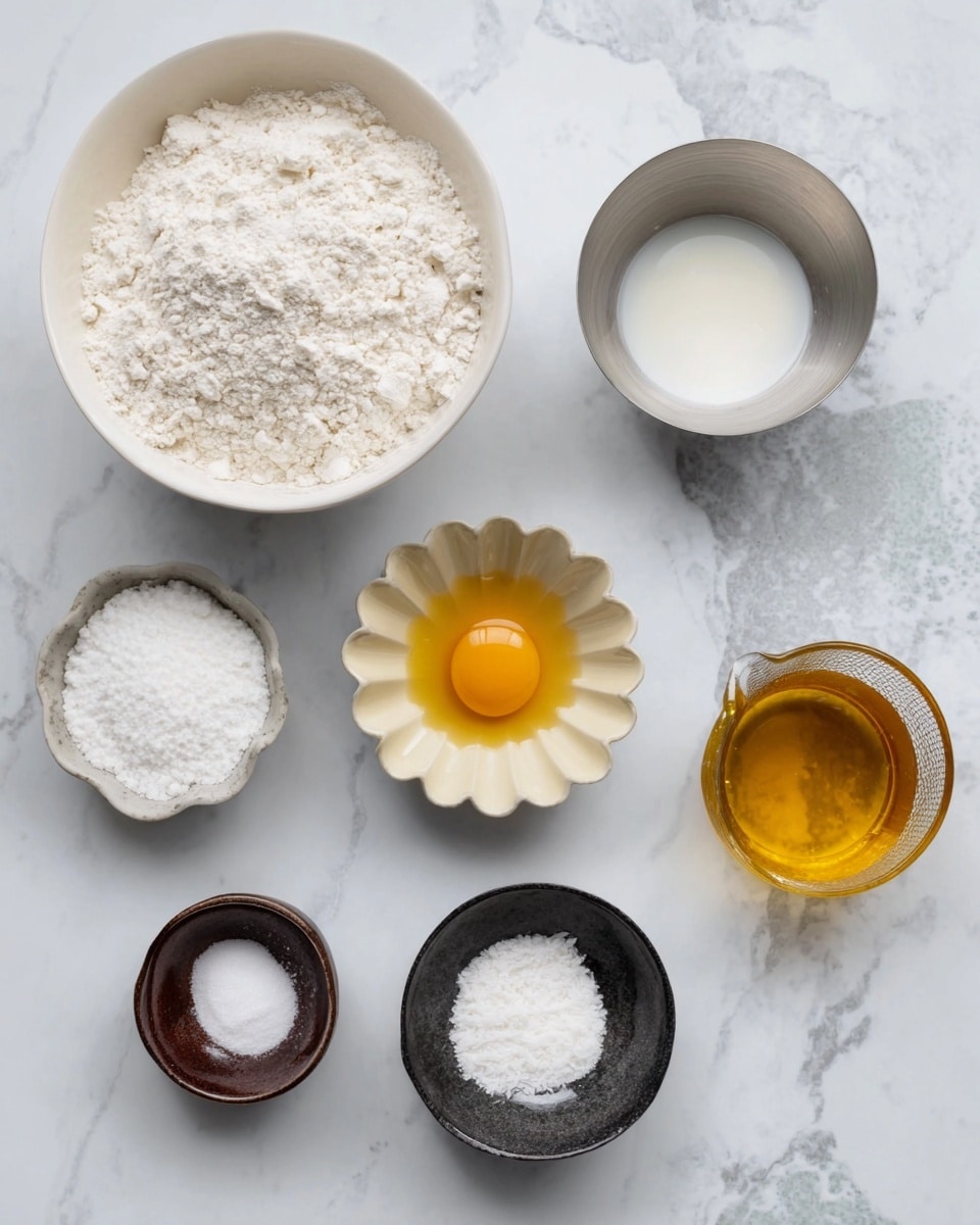 Seven small bowls and containers with different ingredients are arranged on a white marbled surface. Starting from the top left, there is a large white bowl filled with white flour. To its right is a small metal bowl filled with white liquid. Next to it is another small metal bowl holding one egg yolk and egg white. Below the egg bowl, there is a small black bowl with white powdered sugar. To its left is a cream-colored flower-shaped bowl containing white granulated sugar. Below that, there is a small dark brown bowl with a little bit of white salt. Finally, at the bottom left, there is a small glass bowl filled with golden honey, and to the right of that, a metal cup with a golden liquid inside. The photo was taken with an iphone --ar 4:5 --v 7