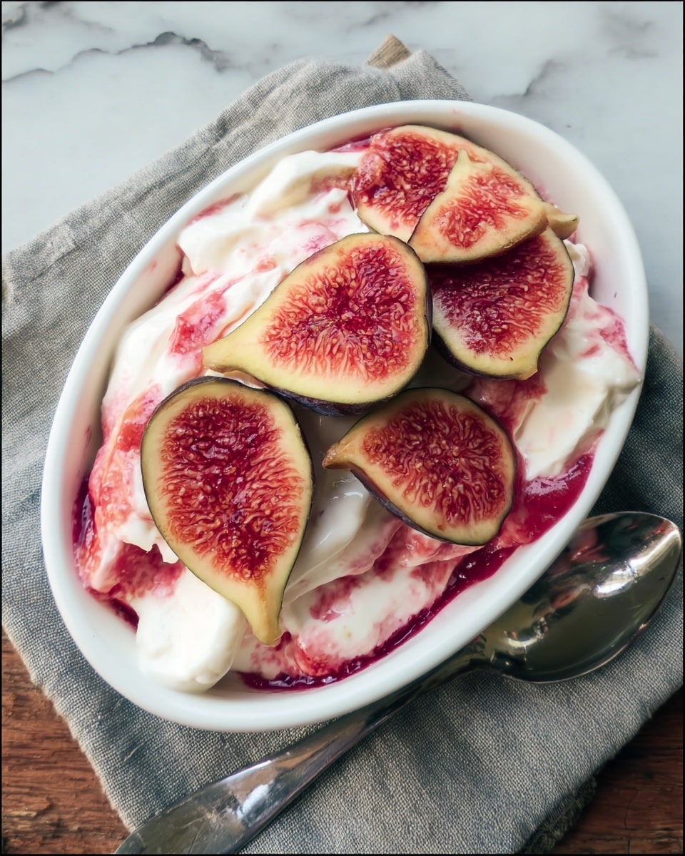 The image shows a white oval dish filled with several layers of creamy white yogurt mixed with a light pink/red fruit sauce, giving it a swirled look. On top of the yogurt, there are three ripe figs cut open, exposing their bright red and pink inner flesh with small seeds, contrasting with their green outer skin. The dish is placed on a light gray cloth, and the background is a white marbled texture. Beside the dish is a silver spoon reflecting light, resting on the cloth. Photo taken with an iphone --ar 4:5 --v 7