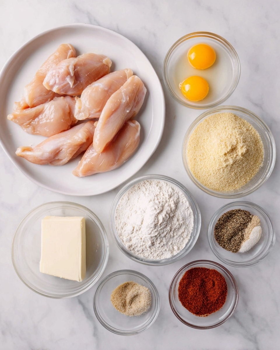 The image shows a white plate on the left side filled with six pieces of raw pale pink chicken fillets arranged neatly. On the right side, there are seven clear glass bowls arranged in two rows on a white marbled surface. The top row has four bowls: white flour in the first bowl, light yellow breadcrumbs in the second, two raw eggs in the third with bright yellow yolks and clear whites, and a small block of creamy yellow butter in the fourth. The bottom row has three small bowls with spices: a light brown seasoning mix in the first, black pepper in the second, and a rusty red powder in the third. The whole setup looks clean and orderly, with soft lighting highlighting the textures of the ingredients. Photo taken with an iphone --ar 4:5 --v 7