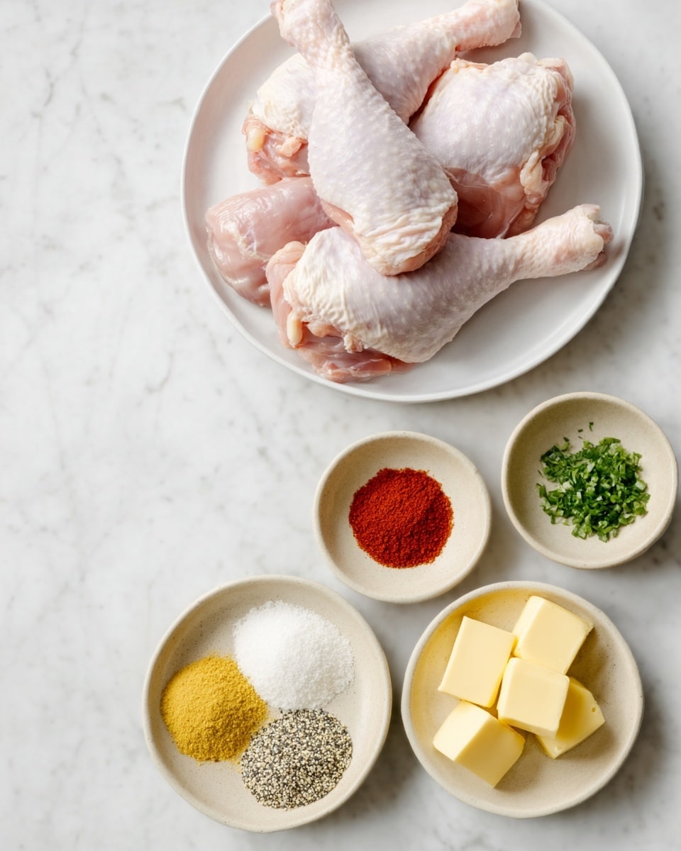 A white plate holds seven raw chicken drumsticks with pink skin and pale yellow fat. Below it, there is another white plate divided into five sections of spices and powders: a green-yellow spice, a red powder, white powder, beige powder, and a mix of white and black grains. To the right, there are three small beige bowls arranged in a vertical line – the top bowl contains green chopped herbs, the middle bowl has minced yellow garlic, and the bottom bowl holds four square pieces of pale yellow butter. The background surface is a white marbled texture. Photo taken with an iphone --ar 4:5 --v 7