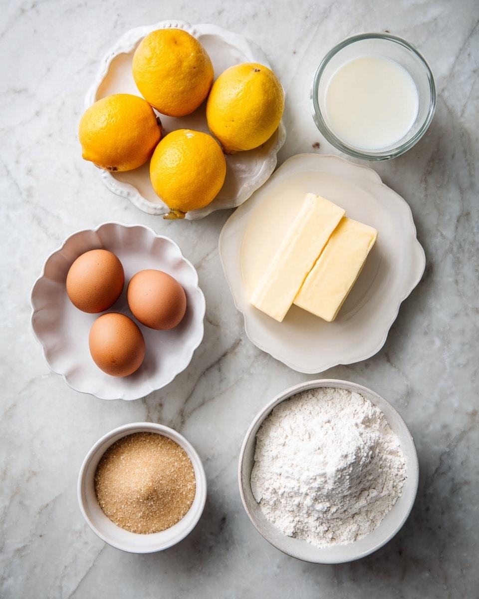 The image shows six ingredients arranged on a white marbled surface. There are three whole bright yellow lemons grouped near the top center. Below them, slightly to the left, are three brown eggs placed on a white plate with scalloped edges. To the right of the eggs, there is a white plate holding two rectangular blocks of pale yellow butter. On the bottom left, a white bowl is filled with light brown sugar, showing a grainy texture. Next to it on the bottom right, a white bowl contains white flour with a small heap of baking powder on top. At the top right, there is a clear glass cup filled with milk. The lighting is soft and natural, highlighting the different textures and colors of the ingredients, photo taken with an iphone --ar 4:5 --v 7