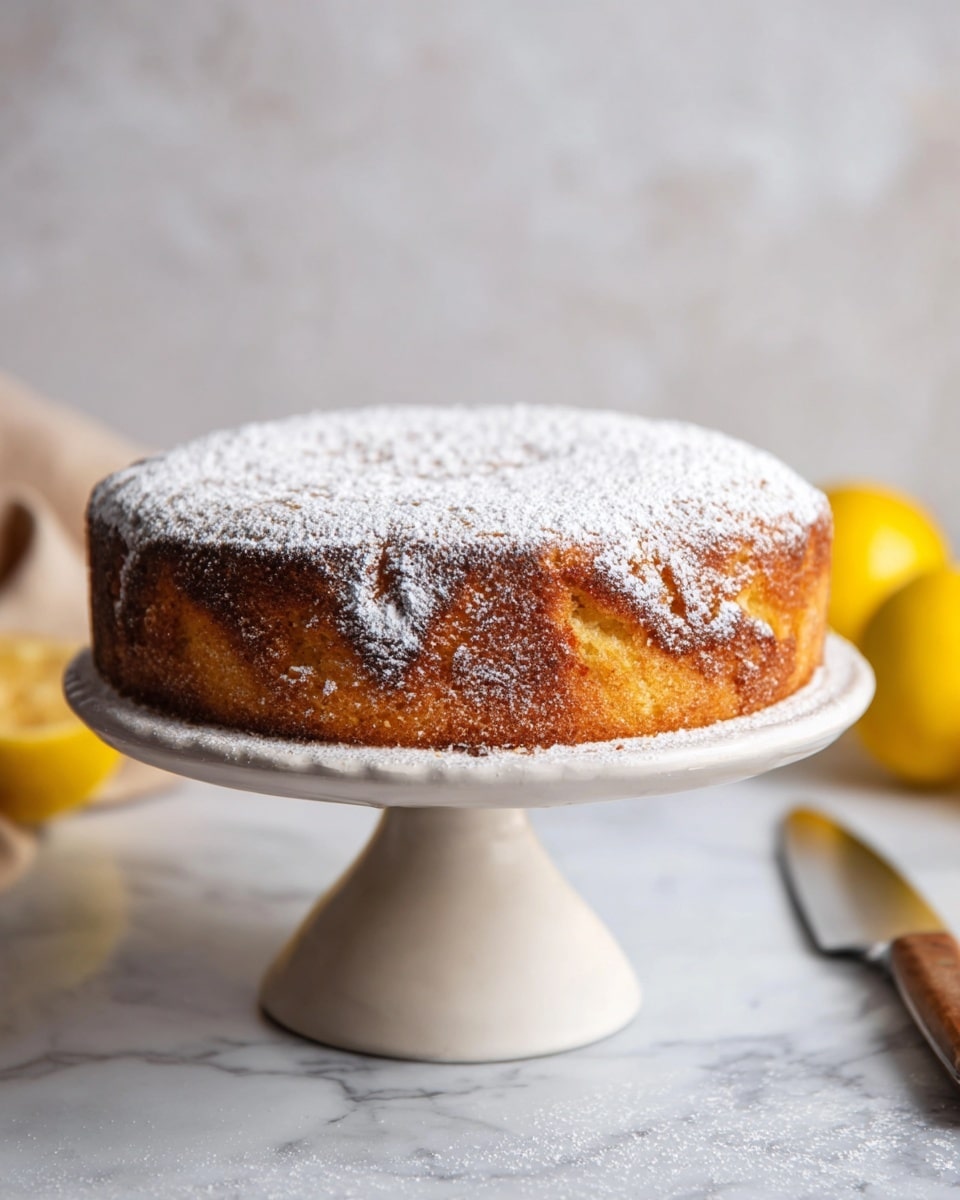 A single-layer round cake with a golden brown crust sits atop a white cake stand with a short pedestal. The cake is dusted evenly with powdered sugar, creating a light white coating on the top. The edges of the cake have a slightly uneven, rustic texture showing the browned baked surface. The background features a soft, out-of-focus white marbled texture and faint hints of bright yellow citrus fruits. A knife with a wooden handle lies on the white marbled surface near the cake stand. Photo taken with an iphone --ar 4:5 --v 7