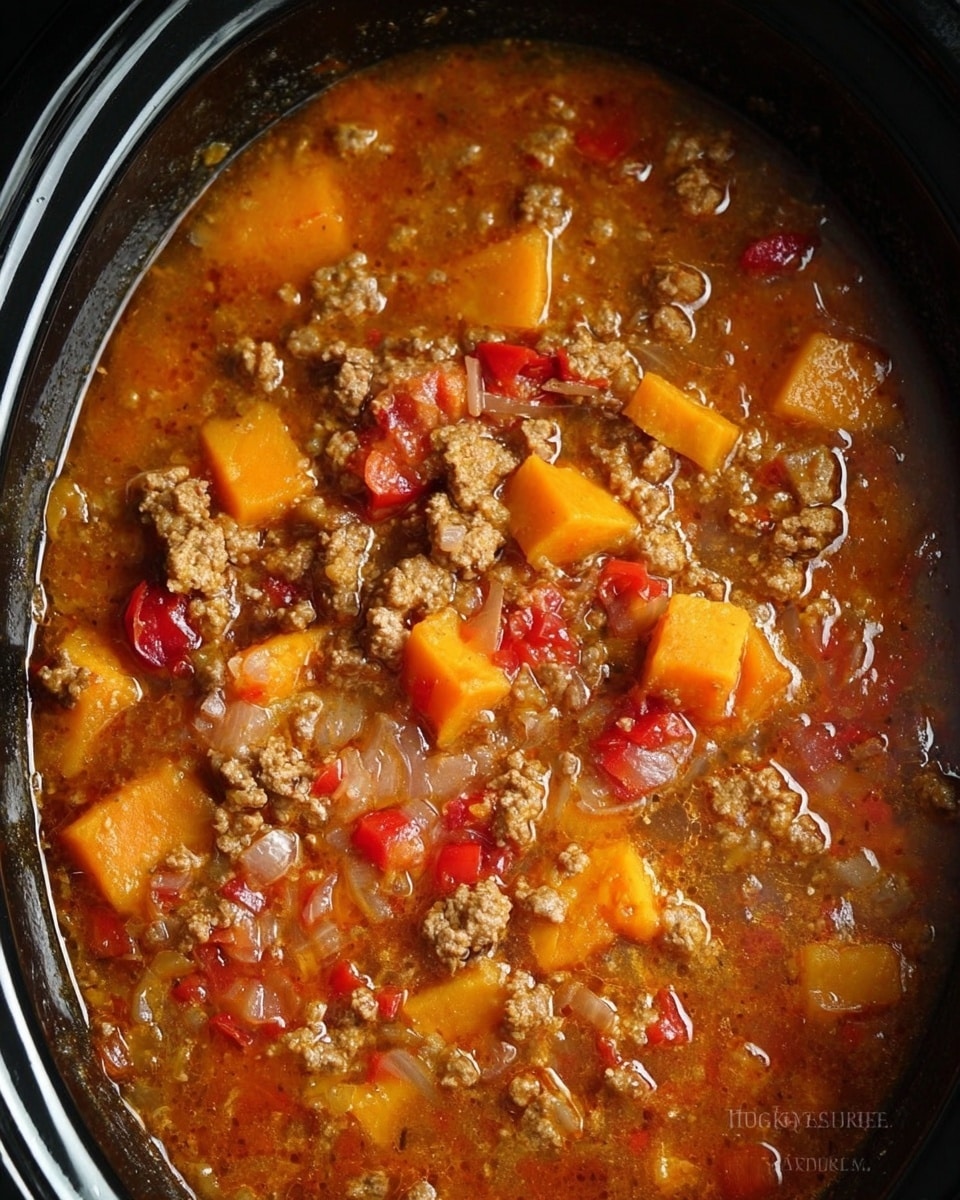 The image shows a close-up view of a thick stew inside a black slow cooker. The stew has several layers with a rich, brownish-orange broth as the base. Suspended in the broth are chunks of cooked ground meat with a crumbly texture, bright orange pieces of squash or sweet potato, small red pepper pieces, and translucent diced onions. The ingredients are mixed evenly, creating a colorful and hearty look with soft, tender textures. The black edge of the slow cooker contrasts with the warm colors of the stew. Photo taken with an iphone --ar 4:5 --v 7